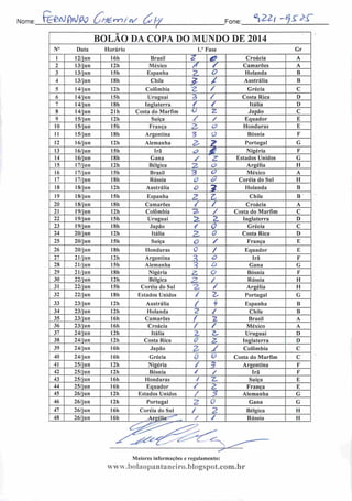 Nome: f&BA/fWA7 Çliémin/ 33/ Fone: Wi ^S*?
BOLÃO DA COPA DO MUNDO DE 2014
N" Data Horário 1." Fase Gr
1 12/jun 16h Brasil z & Croácia A
2 13/j un 12h México ^ / Camarões A
3 13/jun 15h Espanha 7 O Holanda B
4 13/jun ISh Chile
? / Austrália B
5 14/jun 12h Colômbia Z / Grécia C
6 14/jun 15b Uruguai 3 / Costa Rica D
7 14/jun 18h Inglaterra / / Itália I)
8 14/jun 21h Costa do Marfim V z Japão C
9 15/jun 12h Suíça / / Equador E
10 15/jun 15h França 2. o Honduras E
11 15/j u n 18h Argentina 3 o Bósnia F
12 16/j u n 12b Alemanha Z- 2 Portugal G
13 16/jun 15b Irã & 4 Nigéria F
14 16/jun 18h Gana z z Estados Unidos G
15 17/jun 12h Bélgica 2 o Argélia II
16 17/jun 15h Brasil 3 O México A
17 17/jun 18h Rússia Ü & Coréia do Sul H
18 18/jun 12h Austrália O ? Holanda B
19 18/jun 15h Espanha Z Z Chile B
20 18/jun 18h Camarões / / Croácia A
21 19/jun 12h Colômbia "2. / Costa do Marfim C
22 19/jun 15h Uruguai £ z Inglaterra D
23 19/jun ISh Japão / 0 Grécia C
24 20/jun 12h Itália £ 0 Costa Rica D
25 20/jun 15h Suíça o / França E
26 20/jun 18li Honduras 0 / Equador E
27 21/jun 12h Argentina 3 o Irã F
28 21/jun 15h Alemanha r? o Gana G
29 21/jun 18h Nigéria 2 o Bósnia F
30 22/jun 12h Bélgica ?. / Rússia II
31 22/jun 15h Coréia do Sul '2. / Argélia II
32 22/jun 18h Estados Unidos / Z Portugal G
33 23/jun 12h Austrália / *t Espanha B
34 23/jun 12h Holanda 2 / Chile B
35 23/j un 16 h Camarões f 1 Brasil A
36 23/jun 16h Croácia / / México A
37 24/jun 12h Itália Z z* Uruguai D
38 24/jun I2h Costa Rica O z. Inglaterra D
39 24/jun 16h Japão Z J Colômbia C
40 24/jun 16h Grécia 0 o Costa do Marfim C
41 25/jun 12h Nigéria / 3 Argentina F
42 25/jun 12h Bósnia / / Irã F
43 25/jun 16h Honduras A z. Suíça E
44 25/jun 16h Equador / z França E
45 26/jun 12h Estados Unidos / 3 Alemanha G
46 26/jun 12b Portugal Z 0 Gana G
47 26/jun 16h Coréia do Sul / 2 Bélgica H
48 26/jun 16h >rg£bV" / / Rússia H
Maiores informações e regulamento:
www.boIaopantaneiro.blogspot.com.br
 
