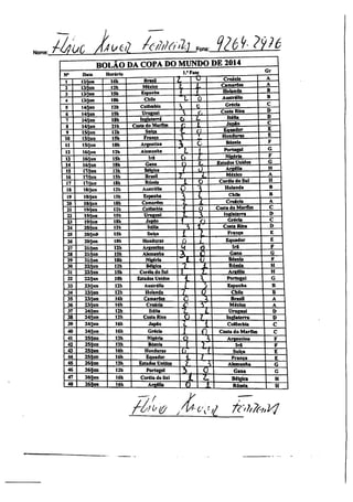 ^.tiJüc. ÃA^tn toiiMiku* 9?69-?9?6
BOLÃO1E)A COPA DO MUNDO DE 2014
Croácia
Camarões
Gr
A
A
1
Data
12/jun
Horário
16h Brasil
l/Fase
2
3
4
13/Iun
13/jun
13/jun
12h
15b
18h
México
Espanha
Chile 0
Holanda
Austrália
B
B
5
6
14/Jtm
14/Ínn
12b
lSb
Colômbia
Uruguai v-Si
Grécia
Costa Rica
C
D
7
8
9
14/ian
14/jun
15/iuo
18h
21h
12b
Inglaterra
Costa do Marfim
Suíça
L
l
Itália
Japfio
Eouador
D
C
E
10
11
IS/jUQ
15/jun
15h
18b
Franca
Argentina i-
<
_-*•—
C
Honduras
Bósnia
E
F
N- 16/juo 12b Alemanha JL i Portugal G
12 16/juo 15h Ira O 1 Nteéria F
14 16/jun 18h Gana o t- Estados Unidos
í;
15 17/Juq 12h BéJeica / 4
Argélia
-4H16 17/jun 15h Brasil r t México A
1? 17/iun 18h Rússia i 0 Coréia do Sul H
18 18/jun I2h Austrália O '} Holanda B
19 18/jun 15h Espanha } t Chile B
20 18/jun 18b Camarões
i í Croácia A
21 19/iun 12h Colômbia <•
0 Costa do Marfim C
22 19/fua 15h Uruguai -jL. 3 Inglaterra D
23 19/ian 18h Japão
<., /.) Gréda C
24 20/ian I2h Itália A -X— Costa Rica D
25 20/ja* 15h Sulca L i Franca E
26 20/jun 18h Honduras o
»
L Equador E
27 21/jun I2h Argentina 1 M Q lrfi F
28 21/|an ISh Alemanha
Ç} Gana G
29 21/jun 18b Nigéria
ÒL
v. Bósnia F
30 22/lun 12h Bélgica ,*? { Rússia H
31 22/lun 15b Coréia do Sul 7 Areélia H
32 22/jun 18h Estados Unidos í V Portugal G
33 23/jun 12h Austrália
J- 2 Espanha B
34 23/iun 12h Holanda 7. <i Chile B
35 23/jun 16h Camarões Q ,3 Brasil A
36 23/jun 16h Croácia
£ "*, México A
37 24/jun 12h Itália Z hÍ- Uruguai D
38 24/iun 12h Costa Rica ,0 l, Inglaterra D
39 24/jun 16b Japão
Ti
L í Colômbia C
40 24/jan 16h Grécia 1 0, Costa do Marnm C
41 25/iun 12h Nigéria Q kÍ Argentina F
42 25/iun 12b Bósnia i li Irã F
43 25/iun 16h Honduras
tf Sulca E
44 25/íun 16h Equador i França E
45 26/jon 12h Estados Unidos 7 Ai Alemanha G
46 26/}un 12b Portugal ?. 0 Gana G
47 26/jun 16b Coréia do Sul L z. Bélgica
H
48 26/fun 16h Amélia 0 1 Rússia 1 H
*-c'ctl tC<h7to,Vl
 