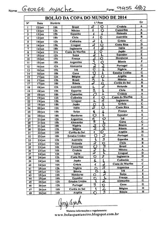 Nome: (jgoeôfc As/ACh-c Fone:
<=>Gl5S Aíb2
ROLÃO DA COPA DO MUNDO DE 2014
N° Data Horário 1.• Fase Gr
1 12/jun 16h Brasil £ o Croácia A
2 13/jun 12h México i o Camarões A
3 13/jun 15h Espanha l í Holanda B
4 13/jun 18h Chile  0 Austrália B
S 14/jun 12h Colômbia a L Grécia C
6 14/jun 15h Uruguai *? O Costa Rica D
7 14/jun 18h Inglaterra 4 «2 Itália D
8 14/jun 21h Costa do Marfim L O Japão C
9 15/jun 12h Sufça z L Equador E
10 15/jun ISh França ã O Honduras E
11 15/jun I8h Argentina 3 O Bósnia F
12 16/jun 12h Alemanha <2 1 Portugal G
13 16/jun 15h Irã o L Nigéria F
14 16/|'un ISh Cana O i Estados Unidos G
15 17/jun I2h Bélgica a 0 Argélia H
16 17/jun I5h Brasil *> L México A
17 17/jun 18h Rússia a q, Coréia do Sul H
18 18/jun 12h Austrália L 2 Holanda B
19 18/jun 15h Espanha 3 A Chile B
20 18/jun 18h Camarões n X Croácia A
21 19/jun 12h Colômbia A o Costa do Marfim C
22 19/jun 15h Uruguai X. A Inglaterra D
23 19/jun 18h Japão O i Grécia C
24 20/jun I2h Itália <P O Costa Rica D
25 20/jun 15h Suiça i l França E
26 20/jun 18h Honduras O 1 Equador E
27 21/jun 12h Argentina A o Irá F
28 21/jun 15h Alemanha 3 iu Gana G
29 21/jun 18h Nigéria 3. • o Bósnia F
30 22/jun 12h Bélgica 2. 2 Rússia H
31 22/jun 15h Coréia do Sul 4 O Argélia H
32 22/jun I8h Estados Unidos O 2 Portugal G
33 23/jun 12h Austrália 1 3 Espanha B
34 23/jun 12h Holanda 2 O Chile B
35 23/jun 16h Camarões u 3 Brasil A
36 23/jun I6h Croácia ;? L México A
37 24/jun 12h Itália a 4. Uruguai O
— - —
38 24/jun 12h Costa Rica o } Inglaterra D
39 24/jun 16h Japão l i Colômbia C
40 24/jun 16h Grécia A a Costa do Marfim C
41 25/jun 12h Nigéria r> ^ Argentina F
42 25/jun I2h Bósnia o
Jr
Irã F
43 25/jun 16h Honduras o 2 Suíça E
44 25/jun 16h Equador o i França E
45 26/jun 12h Estados Unidos A A Alemanha G
46 26/jun I2h Portugal 3 O Gana G
47 26/jun 16h Coréia do Sul A X Bélgica H
48 26/jun 16h Argélia
~JQ- 3 Rússia H
Maiores informações c regulamento:
www.bolaopantanciro.blogspot.com.br
 