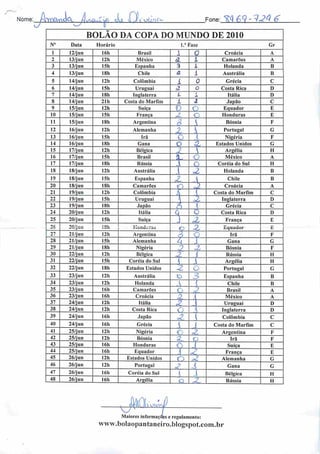 Nome: Mym^ VA^V,
f L LuC^iO^ Fone: H££l32lÜ
BOLÃO DA COPA DO MUNDO DE 2010
N° Data Horário l."Fase Gr
1 12/jun 16h Brasil
l
0 Croácia A
2 13/jun 12h México <z i Camarões A
3 13/jun 15h Espanha 3 X Holanda B
4 13/jun 18h Chile a l Austrália B
5 14/jun 12h Colômbia
i
X 0 Grécia C
6 14/jun 15h Uruguai ã o Costa Rica D
7 14/jun I8h Inglaterra L a. Itália D
8 14/jun 21 h Costa do Marfim i 1 Japão C
9 15/jun 12h Suíça 0 o Equador E
10 15/jun 15h França sZ o Honduras E
11 15/jun 18h Argentina  Bósnia F
12 16/jun I2h Alemanha  Portugal G
13 16/jun 15h Irã O  Nigéria F
14 16/jun 18h Gana o 3, Estados Unidos G
15 17/jun 12h Bélgica u  Argélia H
16 17/jun 15h Brasil
~ O México A
17 17/jun I8h Rússia 1 O Coréia do Sul H
18 18/jun 12h Austrália  oi Holanda B
19 18/jun 15h Espanha Z  Chile B
20 18/jun 18h Camarões (O J- Croácia A
21 19/jun 12h Colômbia 4  Costa do Marfim C
22 19/jun 15h Uruguai 1 X Inglaterra D
23 19/jun lSh Japão n  Grécia C
24 20/jun 12h Itália q O Costa Rica D
25 20/jun 15h Suíça J d* França E
26 -u'ju"
t ou
• U1I Hond.:ras o 3, Equador E
27 21/jun 12h Argentina O Irã F
28 21/jun I5h Alemanha A i Gana G
29 21/jun 18h Nigéria o & Bósnia F
30 22/jun 12h Bélgica ,7 { Rússia H
31 22/jun 15h Coréia do Sul  i Argélia H
32 22/jun 18h Estados Unidos 2 o Portugal G
33 23/jun 12h Austrália o
•
^7 Espanha B
34 23/jun 12h Holanda . { Chile B
35 23/jun 16h Camarões O -/ Brasil A
36 23/jun 16h Croácia 2 México A
37 24/jun 12h Itália £ J Uruguai D
38 24/jun 12h Costa Rica O  Inglaterra D
39 24/jun 16h Japão 1 Colômbia C
40 24/jun 16h Grécia
 1 Costa do Marfim C
41 25/jun I2h Nigéria f -7 Argentina F
42 25/jun 12h Bósnia Z. o Irá F
43 25/jun 16h Honduras
<} ( Suíça E
44 25/jun 16h Equador Á França E
45 26/jun 12h Estados Unidos n 4 Alemanha G
46 26/jun 12h Portugal A Gana G
47 26/jun 16h Coréia do Sul i | Bélgica H
48 26/jun 16h Argélia o
-7
Rússia H
—VMaioresinformações e regulamento:
www.bolaopantaneiro.blogspot.com.br
l vjavt
 