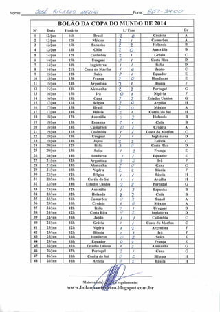 Nome: tfosç /?/ C/!/?Òo M&ti/ii Fone: &&- 3<4 OO
BOLÃO DA COPA DO MUNDO DE 2014
N° Data Horário l.*Fase Gr
1 12/jun 16 h Brasil 2 0 Croácia A
2 13/jun 12h México y 1 Camarões A
3 13/jun ISh Espanha z z Holanda B
4 13/jun 18h Chile 2 o Austrália B
5 14/jun 12h Colômbia "7
c t Grécia C
6 14/jun I5h Uruguai 3 1 Costa Rica D
7 14/jun 18h Inglaterra l ! Itália D
8 14/jun 21 h Costa do Marfim 1 Q Japão C
9 15/jun 12h Suíça ? l Equador E
10 15/jun 15h França 7 ' Honduras E
11 15/jun ISh Argentina ? 1 Bósnia F
12 13/jUD 12h Alemanha t 2 Portugal G
13 16/jun ISh Irã Q i Nigéria F
14 16/jun 18h Gana 2 ?. Estados Unidos G
15 17/jun 12h Bélgica 2 o Argélia H
16 17/jun 15h Brasil ?. o México A
17 17/jun 18h Rússia 2 1 Coréia do Sul H
18 18/jun 12h Austrália 0
•1
Holanda B
19 18/jun 15h Espanha •7
c í Chile B
20 18/jun 18h Camarões O J Croácia A
21 19/jun 12h Colômbia / / Costa do Marfim C
22 19/jun 15h Uruguai / / Inglaterra D
23 19/jun 18h Japão o
2 Grécia C
24 20/jun 12h Itália 3 o Costa Rica D
25 20/jun ISh Suíça / ?. França E
26 20/jun 18h Honduras I 1 Equador E
27 21/jun 12h Argentina -> O Irã F
28 21/jun ISh Alemanha z ü Gana G
29 21/jun 18h Nigéria 2- Bósnia F
30 22/jun 12h Bélgica / / Rússia H
31 22/jun 15h Coréia do Sul / / Argélia H
32 22/jun ISh Estados Unidos 2 /? Portugal G
33 23/jun 12h Austrália l _7 Espanha B
34 23/jun 12h Holanda 7 7 Chile B
35 23/jun 16h Camarões o Brasil A
36 23/jun 16h Croácia i O México A
37 24/jun 12h Itália '-y
1 Uruguai D
38 24/jun 12h Costa Rica o 2 Inglaterra D
39 24/jun 16h Japão / / Colômbia C
40 24/jun 16h Grécia /• / Costa do Marfim C
41 25/jun 12h Nigéria / 1 Argentina F
42 25/jun 12h Bósnia >
/ Irã F
43 25/jun 16h Honduras L? Suíça E
44 25/jun 16h Equador O 2 França E
45 26/jun 12h Estados Unidos / 2 Alemanha G
46 26/jun 12h Portugal ••}
/ Gana G
47 26/jun 16h Coréia do Sul 0
i
Bélgica II
48 26/jun 16h Argélia ú Z Rússia H
Maiorcs/ín
www.bolao
lamento:
iro.bIogspot.com.br
 