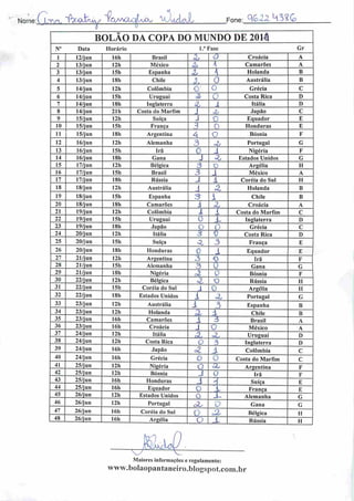Nome:( Jlrr-.n, Jh^oàkÀn./ YgsaOjoUjOo ^'JaóUJo Fone: °(õ2Z M3?Q
BOLÃO DA COPA DO MUNDO DE 201^
N° Data Horário 1." Fase Gr
1 12/jun I6h Brasil ô Croácia A
2 13/jun 12h México a> K Camarões A
3 13/jun 15h Espanha & K Holanda B
4 13/jun ISIi Chile rJ. 0 Austrália B
5 14/jun 12h Colômbia C o Grécia C
6 14/jun 15h Uruguai 3j 0 Costa Rica D
7 14/jun 18h Inglaterra a, i Itália D
8 14/jun 21 h Costa do Marfim j Oj Japão C
9 15/jun 12h Suíça J -o Equador E
10 15/jun 15h França 3 0 Honduras E
11 15/jun 18h Argentina A o Bósnia F
12 16/jun 12h Alemanha 3 <% Portugal G
13 16/jun 15h Irã O J Nigéria F
14 16/jun 181. Gana J <z Estados Unidos G
15 17/jun 12h Bélgica 3 V- Argélia H
16 17/jun 15h Brasil 3 J México A
17 17/jun 18h Rússia J A Coréia do Sul H
18 18/jun 12h Austrália
J a. Holanda B
19 18/jun 15h Espanha 3 1 Chile B
20 18/jun 18h Camarões A z Croácia A
21 19/jun I2h Colômbia 1 i Costa do Marfim C
22 19/jun I5h Uruguai O L Inglaterra D
23 19/jun 18h Japão O o Grécia C
24 20/jun 12h Itália 3 ò Costa Rica D
25 20/jun 15h Suíça Z 3 França E
26 20/jun 18h Honduras u 1 Equador E
27 21/jun 12h Argentina 3 O Irã F
28 21/jun 15h Alemanha 3 0 Gana G
29 21/jun 18h Nigéria £ 0 Bósnia F
30 22/jun 12h Bélgica 4 o Rússia II
31 22/jun 15h Coréia do Sul  0 Argélia II
32 22/jun 18h Estados Unidos i oL Portugal G
33 23/jun 12h Austrália i 3 Espanha B
34 23/jun 12h Holanda .a ri Chile B
35 23/jun 16h Camarões i 6 Brasil A
36 23/jun 16h Croácia j O México A
37 24/jun 12h Itália A .7, Uruguai D
38 24/jun 12h Costa Rica O 3 Inglaterra D
39 24/jun 16h Japão oZ i- Colômbia C
40 24/jun 16h Grécia 0 O Costa do Marfim C
41 25/jun 12h Nigéria o át Argentina F
42 25/jun 12h Bósnia J 0 Irã F
43
44
25/jun 16li
1 6 li
Honduras J '4 Suíça E
45 26/jun 12h Estados Unidos O -db-
França
Alemanha
E
G
46 26/jun 12h Portugal éL D Gana G
47 26/jun 16h Coréia do Sul
O £L Bélgica H
48 26/jun I6h Argélia O JL Rússia H
Maiores informações e regulamento:
www.boIaopantaneiro.blogspot.com.br
 