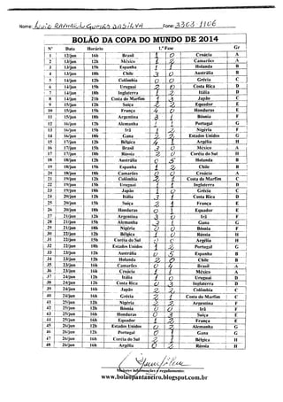 Nome: Ljutli QMPhAí^L (A^urnllf) ft/35/"//V^ Fnne:.3r56c5 -Jí06
N"
10
11
12
13
11
J5_
J6
J7
18
19
2(1
21
M
22
23
2£
25
26
27
28
29
JO
31
32
33
34
35
36
37
38
39
40
41_
42
43
44
45^
46
47
78
BOLÃO DA COPA DO MUNDO DE 2014
Data
12/jun
13/jun
13/jun
13/jun
14/jun
J4/jun
J4/jun
14/jun
15/jun
J5/jun_
15/jun
16/jun
16/jun
16/jun
17/jun
17/jun
17/jun
18/jun
18/jun
18/jun
19/jun
19/jun
19/jun
20/jun
20/jun
20/jun
21/jun
21/jun
21/jun
22/jun
22/jun
22/jun
23/jun
23/jun
23/jun
23/jun
24/jun
24/jun
24/jun
24/jun
25/jun
25/jun
25/jun
25/jun
26/jun
26/jun
26/jun
26/jun
Horário
12h
15h
ISh
12h
^5h
18h
21h
12h
15h
ISh
12h
15h
18h
12h
15h
ISh
12h
15h
ISh
12h
15h
ISh
12h
J5h
ISh
12h
15h
J8h
12h
15h
ISh
12h
12h
16h
16h
12h
12h
16h
16h
12h
I2h
16h
16h
12h
12h
16h
16h
JJrasil
México
Espanha
Chile
Colômbia
Uruguai
Inglaterra
Costa do Marfim
Suíça
França
Argentina
Alemanha
Irá
Gana
Bélgica
Brasil
Rússia
Austrália
Espanha
Camarões
Colômbia
IJrutmai
Japão
Itália
Suíça
Honduras
Argentina
Alemanha
Nigéria
Bélgica
Coréia do Sul
Estados Unidos
Austrália
Holanda
Camarões
Croácia
Itália
Costa Rica
Japão
Grécia
Nigéria
Bósnia
Honduras
Equador
Estados Unidos
Portugal
Coréia do Sul
Argélia
1."Fasc
íl
o
±
±A/.
Al
!
-A
A-
Jt-
.*£.
Z
1
o
2E
i.JL
3u
o
A
~3-
i•)
1.
O
^L
O
jz
jZ,
Z-
J&-
o
o
JL
JZ
o
t
JÜL
O
D.-
^:
-a
2*.
jz
±o
z
zz
O
L
JL
JLL
JZ
JL
xz
JSí.
^
t1
JÜ_
-s3
2j,
JL
3.
£x
2.
Croácia
Camarões
Holanda
Austrália
Grécia
Costa Rica
Itália
Japão
Equador
Honduras
Bósnia
Portugal
Nigéria
Estados Unidos
Argélia
México
Coréia do Sul
Holanda
Chile
Croácia
Costa do Marfim
Inglaterra
Grécia
Costa Rica
França
Equador
Irã
Gana
Bósnia
Rússia
Argélia
Portugal
Espanha
Chile
Brasil
México
Uruguai
Inglaterra
Colômbia
Costa do Marfim
Argentina
Irã
Suíça
França
Alemanha
Gana
Bélgica
Rússia
íhnaçõcsy regulamento:
www.bolaoliantaneiro.blogspot.coni.br
Gr
A
JL
C
D_
D
H
H
B
B
D
D
G
H
H
G
D
D
G
G
II
H
 