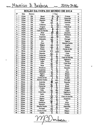 Nome: rAlyjH.Co %. 'JWboSft Fone: .330*i-fft8É>.
BOLAO DA COPA DO MUNDO DE 2014
N° Data Horário 1.* Fase
~ x. o
Gr
1 12/jun 16h Brasil Croácia
2 13/jun 12h México JL â. Camarões A
3 13/jun 15h Espanha Z <L Holanda B
4
5
13/jun
14/jun
18h
12h
Chile
Colômbia
IX ["CT
d. Cl
Austrália
Grécia
B
C
6 14/jun 15h Uruguai Costa Rica D
7 14/jun 18h Inglaterra 4. eX Itália D
8 14/jun 21h Costa do Marfim 1 X Japão C
9 15/jun 12h Suíça ; O • O Equador E
10 15/jun 15h França =1 O Honduras E
11 15/jun 18h Argentina ei O Bósnia F
12 16/jun 12h Alemanha AL 1 Portugal G
13
14
16/jun 15h Irã O i. Nigéria F
16/jun 18h Gana  A Estados Unidos G
15 17/jun 12h Bélgica <A, O Argélia H
16 17/jun 15h Brasil AL I México A
17
18
17/jun 18h Rússia
Austrália
A O Coréia do Sul H
18/jun 12h O ^X Holanda B
19
20
18/jun 15h Espanha a, í Chile B
18/jun 18h Camarões IQ il Croácia A
21 19/jun 12h Colômbia ^L^rr Costa do Marfim C
22 19/jun 15h Uruguai «fi- ! 1 Inglaterra D
23 19/jun 18h Japão l^O Grécia C
24 20/jun 12h Itália «a. o Costa Rica D
25 20/jun 15h Suíça O A França E
26
27
20/jun 18h Honduras O 1 Equador E
21/jun 12h Argentina *1 0 Irã F
28 21/jun 15h Alemanha o2. O Gana G
29 21/jun 18h Nigéria ! O 1 Bósnia F
30 22/jun 12h Bélgica ! 6h í. Rússia H
31 22/jun 15h Coréia do Sul | 1 i o Argélia H
32 22/jun 18h Estados Unidos 1 dL Portugal G
33 23/jun 12h Austrália i O oL Espanha B
34 23/jun 12h Holanda
Camarões
oi A Chile B
35 23/jun 16h í O i S Brasil A
36 23/jun 16h Croácia TV| ^O México A
37 24/jun 12h Itália !oL óL Uruguai D
38 24/jun 12h Costa Rica ! Ô <3A Inglaterra D
39 24/jun 16h Japão ; <f : 1 Colômbia C
40 24/jun 16h Grécia i o O Costa do Marfim C
41 25/jun 12h Nigéria |ü ! 3 Argentina F
42 25/jun 12h Bósnia
Honduras o i
Irâ F
E43 25/jun 16h Suíça
44 25/jun 16h Equador -7 c>L França E
45
46
26/jun 12h Estados Unidos O ± Alemanha G
26/jun 12h Portugal *A 0 Gana G
47
48
26/jun 16h Coréia do Sul O i Bélgica H
26/jun 16h Argélia 1 «A. Rússia H
Tfj ♦>-tÍuft£X-- .
 