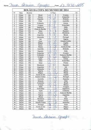 Nome:Z%IáM^ A /HjUMK ôpnüjJW Fone: A3 Zl7'M-ZZZX
BOLÃO DA COPA DO MUNDO DE 2014
N° Data Horário 1." Fase Gr
1 12/jun 16h Brasil eJJ i Croácia A
2 13/jun 12h México • i Camarões A
3 13/jun 15h Espanha .? O Holanda B
4 13/jun ISh Chile A As Austrália B
5 14/jun I2h Colômbia  1
Grécia C
6 14/jun I5h Uruguai rX J Costa Rica D
7 14/jun ISh Inglaterra  A; Itália D
8 14/jun 21 h Costa do Marfim A K Japão C
9 15/jun 12h Suíça
9
-?  Equador E
10 15/jun 15h França í O Honduras E
11 15/jun ISh Argentina *> O Bósnia F
12 16/jun I2h Alemanha A Portugal G
13 16/jun I5h Irã 0 O Nigéria F
14 16/jun ISh Gana
•A- o Estados Unidos G
15 17/jun 12h Bélgica A X Argélia H
16 17/jun 15h Brasil 3 &s México A
17 17/jun ISh Rússia 3 ;&• Coréia do Sul H
18 18/jun I2h Austrália ~ 1 Holanda B
19 18/jun I5h Espanha
a
O Chile B
20 18/jun ISh Camarões 3 ràb Croácia A
21 19/jun 12h Colômbia O Costa do Marfim C
22 19/jun 15h Uruguai 3 ,?s Inglaterra D
23 19/jun ISh Japão A  Grécia C
_24_
25
20/jun I2h Itália & J Costa Rica D
20/jun 15h Suíça Au França E
26 20/jun ISh Honduras o 0 Equador E
27 21/jun 121. Argentina 'i J Irã F
28 21/jun 15h Alemanha A i Gana G
29 21/jun 18h Nigéria  o Bósnia F
30 22/jun 12h Bélgica A =â_/ Rússia H
31 22/jun 15h Coréia do Sul Aj f) Argélia H
32 22/jun 18h Estados Unidos
z Portugal G
33 23/jun 12h Austrália O 3 Espanha B
34 23/jun 12h Holanda b o Chile B
35 23/jun 16h Camarões ü H Brasil A
36 23/jun I6h Croácia
V *í> México A
37 24/jun 12h Itália 1 i Uruguai I)
38 24/jun 12h Costa Rica J •32/ Inglaterra I)
39 24/jun 16h Japão J> •XX Colômbia C
40 24/jun 16h Grécia Jls o Costa do Marfim C
41 25/jun 12h Nigéria
o 3 Argentina F
42 25/jun I2h Bósnia J I Irã F
43 25/jun 161) Honduras
3 J Suíça E
44 25/jun 16h Equador -i cX França E
45 26/jun 12h Estados Unidos Q zx Alemanha G
46 26/jun 12h Portugal 3 G Gana C
47 26/jun 16h Coréia do Sul X. 3Za Bélgica H
48 26/jun 16h Argélia 4  Rússia H
IxjzoZL Ú31/tlUZ(Z XI
 