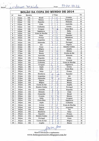 Â
rT ÁQaasY) yAknjhh Fone: 77/&M2±
BOLÃO DA COPA DO MUNDO DE 2014
N° Data Horário 1." Fase Gr
1 12/jun 16h Brasil c. 0 Croácia A
2 13/jun 12h México { ò Camarões A
3 13/jun 15h Espanha i 0 Holanda B
4 13/jun 18h Chile 7. ( Austrália B
5 14/jun 12h Colômbia
L { Grécia C
6 14/jun 15h Uruguai 3 e Costa Rica D
7 14/jun 18h Inglaterra  ò Itália D
8 14/jun 21b Costa do Marfim 0 z Japão C
9 15/jun 12h Suíça o s Equador E
10 15/jun 15h França 3 o Honduras E
11 15/jun 18h Argentina "*> o Bósnia F
12 16/jun 12h Alemanha a J> Portugal G
13 16/jun 15h Irã .s J Nigéria F
14 16/jun 18h Gana o J Estados Unidos G
15 17/jun 12h Bélgica 1 ! Argélia H
16 17/jun 15h Brasil  V México A
17 17/jun 18b Rússia 1 a Coréia do Sul H
18 18/jun 12h Austrália
i } Holanda B
19 18/jun 15h Espanha oi D Chile B
20 18/jun 18h Camarões ( ( Croácia A
21 19/jun 12h Colômbia 7 o Costa do Marfim C
22 19/jun 15h Uruguai JU  Inglaterra D
23 19/jun 181) Japão 1 O Grécia C
24 20/jun 121) Itália P O Costa Rica D
25 20/jun 151) Suíça { z França E
26 20/jun 18h Honduras O
i
Equador E
27 21/jun 12h Argentina y o Irã F
28 21/jun 15h Alemanha
T n Gana G
29 21/jun 18h Nigéria O ( Bósnia F
30 22/jun 12h Bélgica / 0 Rússia H
31 22/jun 15h Coréia do Sul / o Argélia H
32 22/jun 181) Estados Unidos O L Portugal G
33 23/jun 12h Austrália J_  Espanha B
34 23/jun 12h Holanda j Z Chile B
35 23/jun 16h Camarões / 3 Brasil A
36 23/jun 16h Croácia o l< México A
37 24/jun 12h Itália 2- li Uruguai D
38 24/jun 12h Costa Rica / 3 Inglaterra D
39 24/jun 16h Japão 3 ! Colômbia C
40 24/jun 161) Grécia
.7 1 Costa do Marfim C
41 25/jun 121) Nigéria o z. Argentina F
42 25/jun 121) Bósnia l 1 Irã F
43 25/jun 161) Honduras i ( Suíça E
44 25/jun 16h Equador ? o França E
45 26/jun 121) Estados Unidos i 3 Alemanha G
46 26/jun 12h Portugal 3 o Gana G
47 26/jun 16h Coréia do Sul J O Bélgica H
48 26/jun 161) Argélia i 0 Rússia II
Maiores informações e regulamento:
www.bolaopantanciro.blogspot.com.br
 