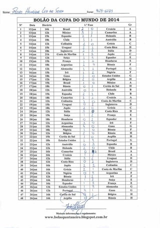 Nome: j£h£c tk^Qve txre &ç Íccza- Fone: H29~6l&
BOLÃO DA COPA DO MUNDO DE 2014
N° Data Horário 1." Fase Gr
1 12/jun 16h Brasil X o Croácia A
2 13/jun 12h México
•1
3 i Camarões A
3 13/jun 15h Espanha x^ 4 Holanda B
4 13/jun 18h Chile A j Austrália B
5 14/jun 12h Colômbia a
o Grécia C
6 14/jun 15h Uruguai A Costa Rica D
7 14/jun 18h Inglaterra z Itália D
8 14/jun 21h Costa do Marfim ü 0 Japão C
9 15/jun 12h Suíça ' i Equador E
10 15/jun 15h França l o Honduras E
11 15/jun 18h Argentina X t) Bósnia F
12 16/jun 12h Alemanha
1
_L Portugal G
13 16/jun 15h Irã  Nigéria F
14 16/jun 18h Gana  O Estados Unidos G
15 17/jun 12h Bélgica l o Argélia H
16 17/jun 15h Brasil i O México A
17 17/jun 18h Rússia o J Coréia do Sul H
18 18/jun 12h Austrália o
i
Holanda B
19 18/jun 15h Espanha li S Chile B
20 18/jun 18h Camarões i X Croácia A
21 19/jun 12h Colômbia  T) Costa do Marfim C
22 19/jun 15h Uruguai 0 t Inglaterra D
23 19/jun 18h Japão l 0 Grécia C
24 20/jun 12h Itália ,3 D Costa Rica D
25 20/jun 15h Suíça  z França E
26 20/jun ISh Honduras <D 1 Equador E
27 21/jun 12h Argentina •y
o Irã F
28 21/jun 15b Alemanha h o Gana G
29 21/jun 18li Nigéria  o Bósnia F
30 22/jun 12h Bélgica r
/O O Rússia H
31 22/jun 15h Coréia do Sul I o Argélia H
32 22/jun 18b Estados Unidos 1
3
o
"1 Portugal G
33 23/jun 12h Austrália O
o
o Espanha B
34 23/jun 12h Holanda Z o Chile B
35 23/jun 16h Camarões O ^M Brasil A
36 23/jun 16h Croácia 1 X,
México A
37 24/jun 12h Itália z Uruguai D
38 24/jun 12h Costa Rica O X Inglaterra D
39 24/jun 16h Japão X. X Colômbia C
40 24/jun 16h Grécia z ) Costa do Marfim C
41 25/jun 12h Nigéria o 3 Argentina F
42 25/jun 12h Bósnia  1 Irã F
43 25/jun 16h Honduras 1 i Suíça E
44 25/jun 16h Equador ) 1 França E
45 26/jun 12h Estados Unidos  AK, Alemanha G
46 26/jun 12h Portuga]_ 3j  Gana G
47 26/jun 16h Çofcía do Sul X l^ Bélgica H
48 26/jun 16h ( Argélia q , S Rússia H
Maiores informações^ regulamento:
www.boIaopantaneiro.blogspot.com.br
 