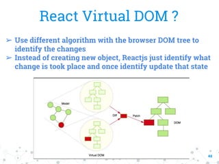 48
React Virtual DOM ?
➢ Use different algorithm with the browser DOM tree to
identify the changes
➢ Instead of creating new object, Reactjs just identify what
change is took place and once identify update that state
 