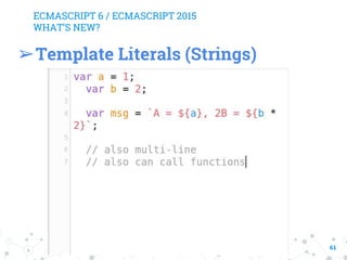 ECMASCRIPT 6 / ECMASCRIPT 2015
WHAT’S NEW?
61
➢Template Literals (Strings)
 