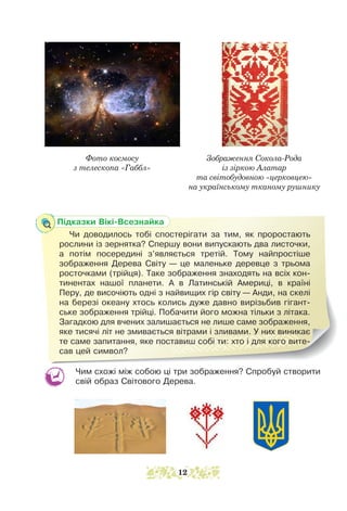 Підказки Вікі-Всезнайка
Чи доводилось тобі спостерігати за тим, як проростають
рослини із зернятка? Спершу вони випускають два листочки,
а потім посередині з’являється третій. Тому найпростіше
зображення Дерева Світу — це маленьке деревце з трьома
росточками (трійця). Таке зображення знаходять на всіх кон-
тинентах нашої планети. А в Латинській Америці, в країні
Перу, де височіють одні з найвищих гір світу — Анди, на скелі
на березі океану хтось колись дуже давно вирізьбив гігант-
ське зображення трійці. Побачити його можна тільки з літака.
Загадкою для вчених залишається не лише саме зображення,
яке тисячі літ не змивається вітрами і зливами. У них виникає
те саме запитання, яке поставиш собі ти: хто і для кого вите-
сав цей символ?
Чим схожі між собою ці три зображення? Спробуй створити
свій образ Світового Дерева.
Зображення Сокола-Рода
із зіркою Алатар
та світобудовною «церковцею»
на українському тканому рушнику
Фото космосу
з телескопа «Габбл»
12
 