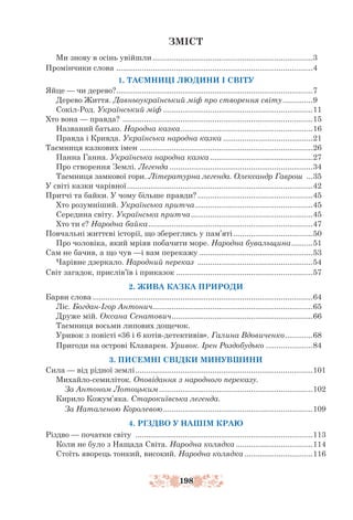 198
ЗМІСТ
Ми знову в осінь увійшли............................................................................3
Промінчики слова .
............................................................................................4
1. ТАЄМНИЦІ ЛЮДИНИ І СВІТУ
Яйце — чи дерево?.
............................................................................................7
Дерево Життя. Давньоукраїнський міф про створення світу...............9
Сокіл-Род. Український міф.......................................................................11
Хто вона — правда? ..........................................................................................15
Названий батько. Народна казка.
..............................................................16
Правда i Кривда. Українська народна казка...........................................21
Таємниця казкових імен .
.................................................................................26
Панна Ганна. Українська народна казка.................................................27
Про створення Землі. Легенда....................................................................34
Таємниця замкової гори. Літературна легенда. Олександр Гаврош ....35
У світі казки чарівної........................................................................................42
Притчі та байки. У чому більше правди?.......................................................45
Хто розумніший. Українська притча........................................................45
Середина світу. Українська притча..........................................................45
Хто ти є? Народна байка..............................................................................47
Повчальні життєві історії, що збереглись у пам’яті......................................50
Про чоловіка, який мріяв побачити море. Народна бувальщина...........51
Сам не бачив, а що чув —і вам перекажу......................................................53
Чарівне дзеркало. Народний переказ .......................................................54
Світ загадок, прислів’їв і приказок.................................................................57
2. ЖИВА КАЗКА ПРИРОДИ
Барви слова........................................................................................................64
Ліс. Богдан-Ігор Антонич...........................................................................65
Друже мій. Оксана Сенатович.
..................................................................66
Таємниця восьми липових дощечок.
Уривок з повісті «36 і 6 котів-детективів». Галина Вдовиченко..............68
Пригоди на острові Клаварен. Уривок. Ірен Роздобудько.......................84
3. ПИСЕМНІ СВІДКИ МИНУВШИНИ
Сила — від рідної землі....................................................................................101
Михайло-семиліток. Оповідання з народного переказу.
За Антоном Лотоцьким.........................................................................102
Кирило Кожум’яка. Старокиївська легенда.
За Наталеною Королевою.......................................................................109
4. РІЗДВО У НАШІМ КРАЮ
Різдво — початки світу ....................................................................................113
Коли не було з Нащада Світа. Народна колядка.....................................114
Стоїть яворець тонкий, високий. Народна колядка.................................116
 