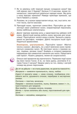 7. Як ти уявляєш собі творчий процес складання казки? Що
тобі відомо про її будову? Запиши 3–4 вислови, якими по-
чинаються і закінчуються українські народні казки. Яку роль
у казці відіграє приказка? Наведи приклади приказок, що
часто бувають у казках.
8. Розкажи, як у казках представлені місце, час, інші світи, ма-
гічні числа, магічні вислови.
9. Пригадай казки, прочитані самостійно. Підготуйся до пре-
зентації своєї улюбленої казки, охарактеризуй персонажа,
якому найбільше симпатизуєш.
Діалог відіграє важливу роль у характеристиці дійових осіб
казки. Діалогічний виклад робить казку зручною для інсце-
нізації. Підготуйтеся читати казку в ролях. Запишіть озвучу-
вання на диктофон, телефон. Дайте послухати іншій групі.
Поділіться враженнями.
Аналізуємо, узагальнюємо. Підготуйте проєкт «Магічні
числа у казках». Дослідіть, як у змісті вивчених казок прояв-
ляється символіка чисел. Як пов’язані числа з героями ка-
зок, подіями, речами тощо? Знайдіть в інтернет-джерелах
інформацію про символічне значення цих чисел. Представте
свій проєкт. Назвіть джерела, якими ви скористалися.
Опиши свої враження від прочитаного. Перекажи події казки
від імені панни Ганни. А як, на твою думку, розповіла б іс-
торію Ганни її мачуха? Зверни увагу на тон, міміку і настрій
оповіді від різних персонажів.
До літ не дійшла — не стала дорослою, не досягла повноліття.
Жалувати — виявляти прихильність, ласку, любов.
Сироті й просвіту нема — нема спокою, позбавлена спо-
кійного життя, душевного спокою, перебуває в нестерпних
умовах.
Потіпала — пом’яла, вичесала.
Прядиво — волокно конопель, льону, бавовни, вовни і т. ін.,
приготовлене для прядіння.
Яра (верба) — яскраво-зелена, яскрава.
Мичка — пучок конопель або льону, підготовлений для пря-
діння.
Нетіпаха — неохайна, неакуратна.
32
 
