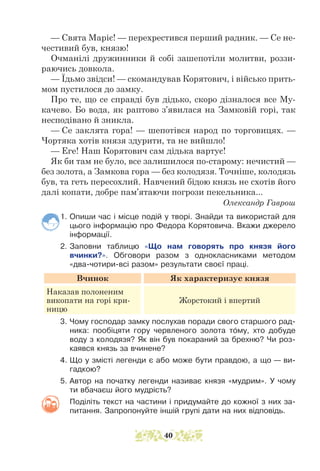 — Свята Маріє! — перехрестився перший радник. — Се не-
честивий був, князю!
Очманілі дружинники й собі зашепотіли молитви, роззи-
раючись довкола.
— Їдьмо звідси! — скомандував Корятович, і військо прить-
мом пустилося до замку.
Про те, що се справді був дідько, скоро дізналося все Му-
качево. Бо вода, як раптово з’явилася на Замковій горі, так
несподівано й зникла.
— Се заклята гора! — шепотівся народ по торговицях. —
Чортяка хотів князя здурити, та не вийшло!
— Еге! Наш Корятович сам дідька вартує!
Як би там не було, все залишилося по-старому: нечистий —
без золота, а Замкова гора — без колодязя. Точніше, колодязь
був, та геть пересохлий. Навчений бідою князь не схотів його
далі копати, добре пам’ятаючи погрози пекельника...
Олександр Гаврош
1. Опиши час і місце подій у творі. Знайди та використай для
цього інформацію про Федора Корятовича. Вкажи джерело
інформації.
2. Заповни таблицю «Що нам говорять про князя його
вчинки?». Обговори разом з однокласниками методом
«два-чотири-всі разом» результати своєї праці.
Вчинок Як характеризує князя
Наказав полоненим
викопати на горі кри-
ницю
Жорстокий і впертий
3. Чому господар замку послухав поради свого старшого рад-
ника: пообіцяти гору червленого золота тому, хто добуде
воду з колодязя? Як він був покараний за брехню? Чи роз-
каявся князь за вчинене?
4. Що у змісті легенди є або може бути правдою, а що — ви-
гадкою?
5. Автор на початку легенди називає князя «мудрим». У чому
ти вбачаєш його мудрість?
Поділіть текст на частини і придумайте до кожної з них за-
питання. Запропонуйте іншій групі дати на них відповідь.
40
 