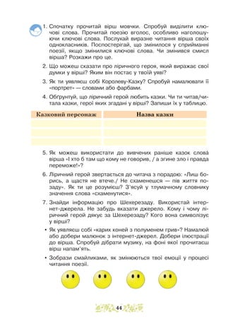 1. Спочатку прочитай вірш мовчки. Спробуй виділити клю-
чові слова. Прочитай поезію вголос, особливо наголошу-
ючи ключові слова. Послухай виразне читання вірша своїх
однокласників. Поспостерігай, що змінилося у сприйманні
поезії, якщо змінилися ключові слова. Чи змінився смисл
вірша? Розкажи про це.
2. Що можеш сказати про ліричного героя, який виражає свої
думки у вірші? Яким він постає у твоїй уяві?
3. Як ти уявляєш собі Королеву-Казку? Спробуй намалювати її
«портрет» — словами або фарбами.
4. Обґрунтуй, що ліричний герой любить казки. Чи ти читав/чи-
тала казки, герої яких згадані у вірші? Запиши їх у таб­
лицю.
Казковий персонаж Назва казки
5. Як можеш використати до вивчених раніше казок слова
вірша «І хто б там що кому не говорив, / а згине зло і правда
переможе!»?
6. Ліричний герой звертається до читача з порадою: «Лиш бо-
рись, а щастя не втече./ Не схаменешся — пів життя по-
заду». Як ти це розумієш? З’ясуй у тлумачному словнику
значення слова «схаменутися».
7. Знайди інформацію про Шехерезаду. Використай інтер-
нет-джерела. Не забудь вказати джерело. Кому і чому лі-
ричний герой дякує за Шехерезаду? Кого вона символізує
у вірші?
y Як уявляєш собі «карих коней з полуменем грив»? Намалюй
або добери малюнок з інтернет-джерел. Добери ілюстрації
до вірша. Спробуй дібрати музику, на фоні якої прочитаєш
вірш напам’ять.
y Зобрази смайликами, як змінюються твої емоції у процесі
читання поезії.
44
 
