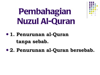 Pembahagian  Nuzul Al-Quran 1. Penurunan al-Quran  tanpa sebab. 2. Penurunan al-Quran bersebab. 