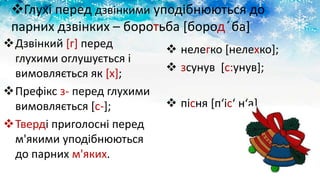 Глухі перед дзвінкими уподібнюються до
парних дзвінких – боротьба [бород ́ба]
Дзвінкий [г] перед
глухими оглушується і
вимовляється як [х];
Префікс з- перед глухими
вимовляється [с-];
Тверді приголосні перед
м'якими уподібнюються
до парних м'яких.
 нелегко [нелехко];
 зсунув [с:унув];
 пісня [п‘іс‘ н‘а]
 