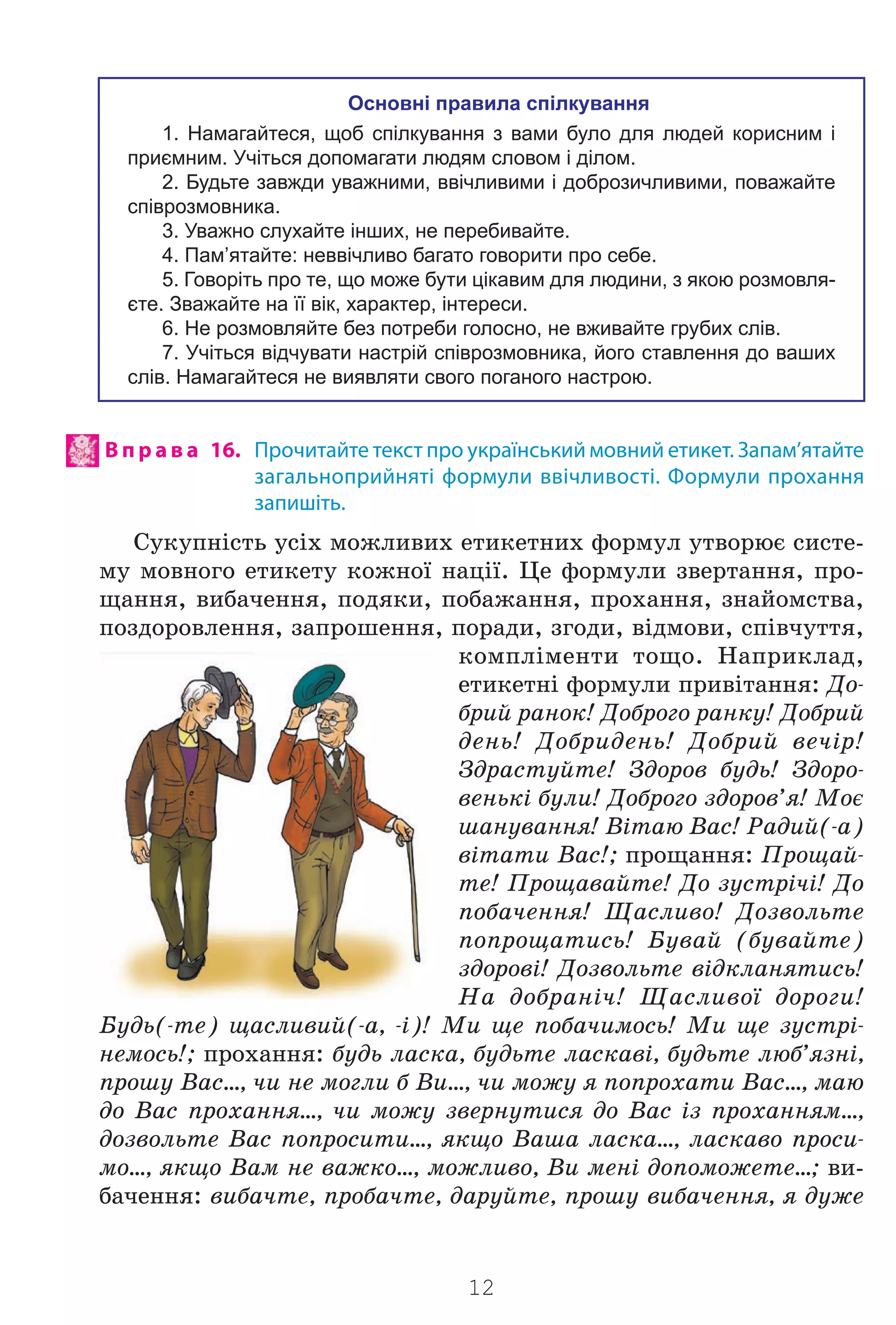 12
Основні правила спілкування
1. Намагайтеся, щоб спілкування з вами було для людей корисним і
приємним. Учіться допомагати людям словом і ділом.
2. Будьте завжди уважними, ввічливими і доброзичливими, поважайте
співрозмовника.
3. Уважно слухайте інших, не перебивайте.
4. Пам’ятайте: неввічливо багато говорити про себе.
5. Говоріть про те, що може бути цікавим для людини, з якою розмовля-
єте. Зважайте на її вік, характер, інтереси.
6. Не розмовляйте без потреби голосно, не вживайте грубих слів.
7. Учіться відчувати настрій співрозмовника, його ставлення до ваших
слів. Намагайтеся не виявляти свого поганого настрою.
В п р а в а 16. Прочитайте текст про український мовний етикет. Запам’ятайте
загальноприйняті формули ввічливості. Формули прохання
запишіть.
Ñóêóïí³ñòü óñ³õ ìîæëèâèõ åòèêåòíèõ ôîðìóë óòâîðþº ñèñòå-
ìó ìîâíîãî åòèêåòó êîæíî¿ íàö³¿. Öå ôîðìóëè çâåðòàííÿ, ïðî-
ùàííÿ, âèáà÷åííÿ, ïîäÿêè, ïîáàæàííÿ, ïðîõàííÿ, çíàéîìñòâà,
ïîçäîðîâëåííÿ, çàïðîøåííÿ, ïîðàäè, çãîäè, â³äìîâè, ñï³â÷óòòÿ,
êîìïë³ìåíòè òîùî. Íàïðèêëàä,
åòèêåòí³ ôîðìóëè ïðèâ³òàííÿ: Äî-
áðèé ðàíîê! Äîáðîãî ðàíêó! Äîáðèé
äåíü! Äîáðèäåíü! Äîáðèé âå÷³ð!
Çäðàñòóéòå! Çäîðîâ áóäü! Çäîðî-
âåíüê³ áóëè! Äîáðîãî çäîðîâ’ÿ! Ìîº
øàíóâàííÿ! Â³òàþ Âàñ! Ðàäèé(-à)
â³òàòè Âàñ!; ïðîùàííÿ: Ïðîùàé-
òå! Ïðîùàâàéòå! Äî çóñòð³÷³! Äî
ïîáà÷åííÿ! Ùàñëèâî! Äîçâîëüòå
ïîïðîùàòèñü! Áóâàé (áóâàéòå)
çäîðîâ³! Äîçâîëüòå â³äêëàíÿòèñü!
Íà äîáðàí³÷! Ùàñëèâî¿ äîðîãè!
Áóäü(-òå) ùàñëèâèé(-à, -³)! Ìè ùå ïîáà÷èìîñü! Ìè ùå çóñòð³-
íåìîñü!; ïðîõàííÿ: áóäü ëàñêà, áóäüòå ëàñêàâ³, áóäüòå ëþá’ÿçí³,
ïðîøó Âàñ…, ÷è íå ìîãëè á Âè…, ÷è ìîæó ÿ ïîïðîõàòè Âàñ…, ìàþ
äî Âàñ ïðîõàííÿ…, ÷è ìîæó çâåðíóòèñÿ äî Âàñ ³ç ïðîõàííÿì…,
äîçâîëüòå Âàñ ïîïðîñèòè…, ÿêùî Âàøà ëàñêà…, ëàñêàâî ïðîñè-
ìî…, ÿêùî Âàì íå âàæêî…, ìîæëèâî, Âè ìåí³ äîïîìîæåòå…; âè-
áà÷åííÿ: âèáà÷òå, ïðîáà÷òå, äàðóéòå, ïðîøó âèáà÷åííÿ, ÿ äóæå
Право для безоплатного розміщення підручника в мережі Інтернет має
Міністерство освіти і науки України http://mon.gov.ua/ та Інститут модернізації змісту освіти https://imzo.gov.ua
 