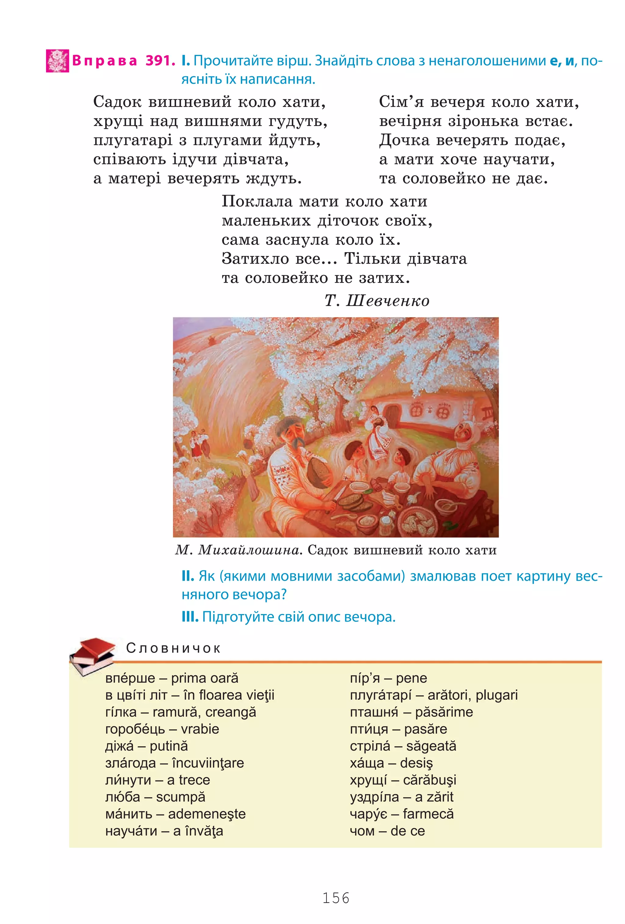 156
В п р а в а 391. І. Прочитайте вірш. Знайдіть слова з ненаголошеними е, и, по-
ясніть їх написання.
Ñàäîê âèøíåâèé êîëî õàòè, Ñ³ì’ÿ âå÷åðÿ êîëî õàòè,
õðóù³ íàä âèøíÿìè ãóäóòü, âå÷³ðíÿ ç³ðîíüêà âñòàº.
ïëóãàòàð³ ç ïëóãàìè éäóòü, Äî÷êà âå÷åðÿòü ïîäàº,
ñï³âàþòü ³äó÷è ä³â÷àòà, à ìàòè õî÷å íàó÷àòè,
à ìàòåð³ âå÷åðÿòü æäóòü. òà ñîëîâåéêî íå äàº.
Ïîêëàëà ìàòè êîëî õàòè
ìàëåíüêèõ ä³òî÷îê ñâî¿õ,
ñàìà çàñíóëà êîëî ¿õ.
Çàòèõëî âñå... Ò³ëüêè ä³â÷àòà
òà ñîëîâåéêî íå çàòèõ.
Ò. Øåâ÷åíêî
Ì. Ìèõàéëîøèíà. Ñàäîê âèøíåâèé êîëî õàòè
II. Як (якими мовними засобами) змалював поет картину вес-
няного вечора?
III. Підготуйте свій опис вечора.
впéрше – prima oară пíр’я – pene
в цвíті літ – în ﬂoarea vieţii плугáтарí – arători, plugari
гíлка – ramură, creangă пташн – păsărime
горобéць – vrabie птця – pasăre
діжá – putină стрілá – săgeată
злáгода – încuviinţare хáща – desiş
лнути – a trece хрущí – cărăbuşi
лба – scumpă уздрíла – a zărit
мáнить – ademeneşte чарє – farmecă
научáти – a învăţa чом – de ce
С л о в н и ч о к
Право для безоплатного розміщення підручника в мережі Інтернет має
Міністерство освіти і науки України http://mon.gov.ua/ та Інститут модернізації змісту освіти https://imzo.gov.ua
 