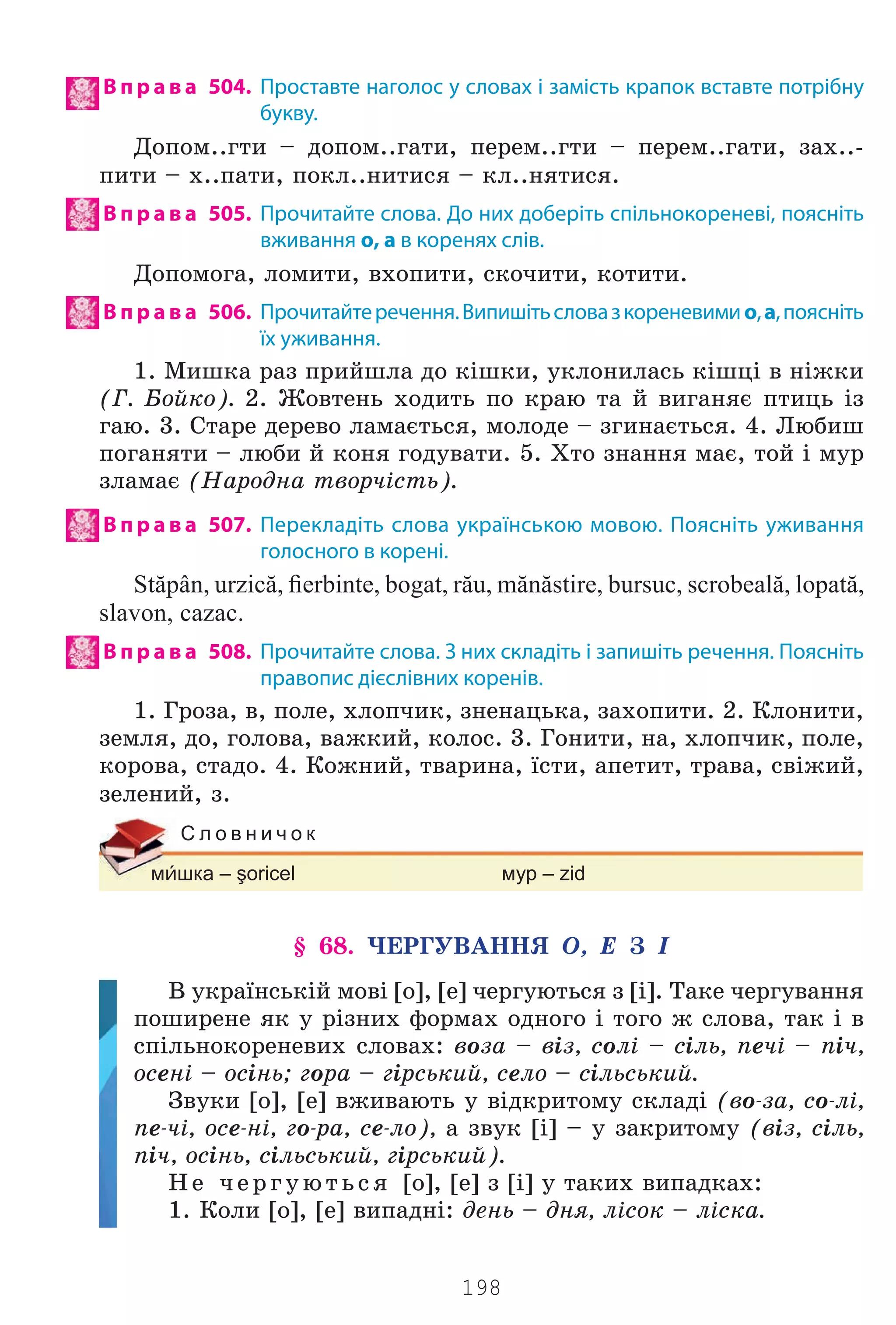198
В п р а в а 504. Проставте наголос у словах і замість крапок вставте потрібну
букву.
Äîïîì..ãòè – äîïîì..ãàòè, ïåðåì..ãòè – ïåðåì..ãàòè, çàõ..-
ïèòè – õ..ïàòè, ïîêë..íèòèñÿ – êë..íÿòèñÿ.
В п р а в а 505. Прочитайте слова. До них доберіть спільнокореневі, поясніть
вживання о, а в коренях слів.
Äîïîìîãà, ëîìèòè, âõîïèòè, ñêî÷èòè, êîòèòè.
В п р а в а 506. Прочитайтеречення.Випишітьсловазкореневимио,а,поясніть
їх уживання.
1. Ìèøêà ðàç ïðèéøëà äî ê³øêè, óêëîíèëàñü ê³øö³ â í³æêè
(Ã. Áîéêî). 2. Æîâòåíü õîäèòü ïî êðàþ òà é âèãàíÿº ïòèöü ³ç
ãàþ. 3. Ñòàðå äåðåâî ëàìàºòüñÿ, ìîëîäå – çãèíàºòüñÿ. 4. Ëþáèø
ïîãàíÿòè – ëþáè é êîíÿ ãîäóâàòè. 5. Õòî çíàííÿ ìàº, òîé ³ ìóð
çëàìàº (Íàðîäíà òâîð÷³ñòü).
В п р а в а 507. Перекладіть слова українською мовою. Поясніть уживання
голосного в корені.
Stăpân, urzică, ﬁerbinte, bogat, rău, mănăstire, bursuc, scrobeală, lopată,
slavon, cazac.
В п р а в а 508. Прочитайте слова. З них складіть і запишіть речення. Поясніть
правопис дієслівних коренів.
1. Ãðîçà, â, ïîëå, õëîï÷èê, çíåíàöüêà, çàõîïèòè. 2. Êëîíèòè,
çåìëÿ, äî, ãîëîâà, âàæêèé, êîëîñ. 3. Ãîíèòè, íà, õëîï÷èê, ïîëå,
êîðîâà, ñòàäî. 4. Êîæíèé, òâàðèíà, ¿ñòè, àïåòèò, òðàâà, ñâ³æèé,
çåëåíèé, ç.
мшка – şoricel мур – zid
С л о в н и ч о к
§ 68. ×ÅÐÃÓÂÀÍÍß Î, Å Ç ²
Â óêðà¿íñüê³é ìîâ³ [î], [å] ÷åðãóþòüñÿ ç [³]. Òàêå ÷åðãóâàííÿ
ïîøèðåíå ÿê ó ð³çíèõ ôîðìàõ îäíîãî ³ òîãî æ ñëîâà, òàê ³ â
ñï³ëüíîêîðåíåâèõ ñëîâàõ: âîçà – â³ç, ñîë³ – ñ³ëü, ïå÷³ – ï³÷,
îñåí³ – îñ³íü; ãîðà – ã³ðñüêèé, ñåëî – ñ³ëüñüêèé.
Çâóêè [î], [å] âæèâàþòü ó â³äêðèòîìó ñêëàä³ (âî-çà, ñî-ë³,
ïå-÷³, îñå-í³, ãî-ðà, ñå-ëî), à çâóê [³] – ó çàêðèòîìó (â³ç, ñ³ëü,
ï³÷, îñ³íü, ñ³ëüñüêèé, ã³ðñüêèé).
Íå ÷åðãóþòüñÿ [î], [å] ç [³] ó òàêèõ âèïàäêàõ:
1. Êîëè [î], [å] âèïàäí³: äåíü – äíÿ, ë³ñîê – ë³ñêà.
Право для безоплатного розміщення підручника в мережі Інтернет має
Міністерство освіти і науки України http://mon.gov.ua/ та Інститут модернізації змісту освіти https://imzo.gov.ua
 