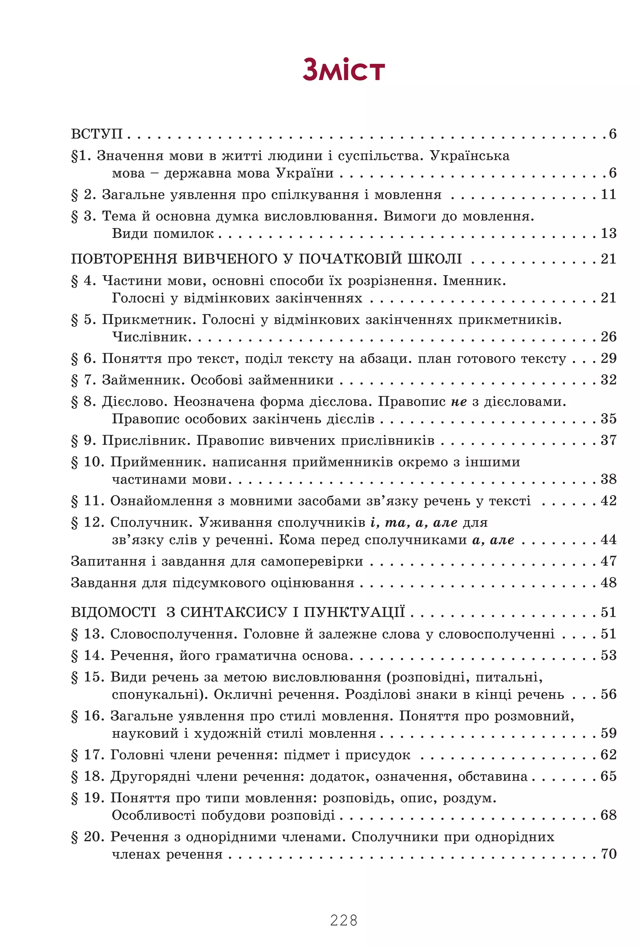 228
Зміст
ÂÑÒÓÏ . . . . . . . . . . . . . . . . . . . . . . . . . . . . . . . . . . . . . . . . . . . . . . . .6
§1. Çíà÷åííÿ ìîâè â æèòò³ ëþäèíè ³ ñóñï³ëüñòâà. Óêðà¿íñüêà
ìîâà – äåðæàâíà ìîâà Óêðà¿íè . . . . . . . . . . . . . . . . . . . . . . . . . . .6
§ 2. Çàãàëüíå óÿâëåííÿ ïðî ñï³ëêóâàííÿ ³ ìîâëåííÿ . . . . . . . . . . . . . . . 11
§ 3. Òåìà é îñíîâíà äóìêà âèñëîâëþâàííÿ. Âèìîãè äî ìîâëåííÿ.
Âèäè ïîìèëîê . . . . . . . . . . . . . . . . . . . . . . . . . . . . . . . . . . . . . . 13
ÏÎÂÒÎÐÅÍÍß ÂÈÂ×ÅÍÎÃÎ Ó ÏÎ×ÀÒÊÎÂ²É ØÊÎË² . . . . . . . . . . . . . 21
§ 4. ×àñòèíè ìîâè, îñíîâí³ ñïîñîáè ¿õ ðîçð³çíåííÿ. ²ìåííèê.
Ãîëîñí³ ó â³äì³íêîâèõ çàê³í÷åííÿõ . . . . . . . . . . . . . . . . . . . . . . . 21
§ 5. Ïðèêìåòíèê. Ãîëîñí³ ó â³äì³íêîâèõ çàê³í÷åííÿõ ïðèêìåòíèê³â.
×èñë³âíèê. . . . . . . . . . . . . . . . . . . . . . . . . . . . . . . . . . . . . . . . . 26
§ 6. Ïîíÿòòÿ ïðî òåêñò, ïîä³ë òåêñòó íà àáçàöè. ïëàí ãîòîâîãî òåêñòó . . . 29
§ 7. Çàéìåííèê. Îñîáîâ³ çàéìåííèêè . . . . . . . . . . . . . . . . . . . . . . . . . . 32
§ 8. Ä³ºñëîâî. Íåîçíà÷åíà ôîðìà ä³ºñëîâà. Ïðàâîïèñ íå ç ä³ºñëîâàìè.
Ïðàâîïèñ îñîáîâèõ çàê³í÷åíü ä³ºñë³â . . . . . . . . . . . . . . . . . . . . . . 35
§ 9. Ïðèñë³âíèê. Ïðàâîïèñ âèâ÷åíèõ ïðèñë³âíèê³â . . . . . . . . . . . . . . . . 37
§ 10. Ïðèéìåííèê. íàïèñàííÿ ïðèéìåííèê³â îêðåìî ç ³íøèìè
÷àñòèíàìè ìîâè. . . . . . . . . . . . . . . . . . . . . . . . . . . . . . . . . . . . . 38
§ 11. Îçíàéîìëåííÿ ç ìîâíèìè çàñîáàìè çâ’ÿçêó ðå÷åíü ó òåêñò³ . . . . . . 42
§ 12. Ñïîëó÷íèê. Óæèâàííÿ ñïîëó÷íèê³â ³, òà, à, àëå äëÿ
çâ’ÿçêó ñë³â ó ðå÷åíí³. Êîìà ïåðåä ñïîëó÷íèêàìè à, àëå . . . . . . . . 44
Çàïèòàííÿ ³ çàâäàííÿ äëÿ ñàìîïåðåâ³ðêè . . . . . . . . . . . . . . . . . . . . . . . 47
Çàâäàííÿ äëÿ ï³äñóìêîâîãî îö³íþâàííÿ . . . . . . . . . . . . . . . . . . . . . . . . 48
Â²ÄÎÌÎÑÒ² Ç ÑÈÍÒÀÊÑÈÑÓ ² ÏÓÍÊÒÓÀÖ²¯ . . . . . . . . . . . . . . . . . . . 51
§ 13. Ñëîâîñïîëó÷åííÿ. Ãîëîâíå é çàëåæíå ñëîâà ó ñëîâîñïîëó÷åíí³ . . . . 51
§ 14. Ðå÷åííÿ, éîãî ãðàìàòè÷íà îñíîâà. . . . . . . . . . . . . . . . . . . . . . . . . 53
§ 15. Âèäè ðå÷åíü çà ìåòîþ âèñëîâëþâàííÿ (ðîçïîâ³äí³, ïèòàëüí³,
ñïîíóêàëüí³). Îêëè÷í³ ðå÷åííÿ. Ðîçä³ëîâ³ çíàêè â ê³íö³ ðå÷åíü . . . 56
§ 16. Çàãàëüíå óÿâëåííÿ ïðî ñòèë³ ìîâëåííÿ. Ïîíÿòòÿ ïðî ðîçìîâíèé,
íàóêîâèé ³ õóäîæí³é ñòèë³ ìîâëåííÿ . . . . . . . . . . . . . . . . . . . . . . 59
§ 17. Ãîëîâí³ ÷ëåíè ðå÷åííÿ: ï³äìåò ³ ïðèñóäîê . . . . . . . . . . . . . . . . . . 62
§ 18. Äðóãîðÿäí³ ÷ëåíè ðå÷åííÿ: äîäàòîê, îçíà÷åííÿ, îáñòàâèíà . . . . . . . 65
§ 19. Ïîíÿòòÿ ïðî òèïè ìîâëåííÿ: ðîçïîâ³äü, îïèñ, ðîçäóì.
Îñîáëèâîñò³ ïîáóäîâè ðîçïîâ³ä³ . . . . . . . . . . . . . . . . . . . . . . . . . . 68
§ 20. Ðå÷åííÿ ç îäíîð³äíèìè ÷ëåíàìè. Ñïîëó÷íèêè ïðè îäíîð³äíèõ
÷ëåíàõ ðå÷åííÿ . . . . . . . . . . . . . . . . . . . . . . . . . . . . . . . . . . . . . 70
Право для безоплатного розміщення підручника в мережі Інтернет має
Міністерство освіти і науки України http://mon.gov.ua/ та Інститут модернізації змісту освіти https://imzo.gov.ua
 