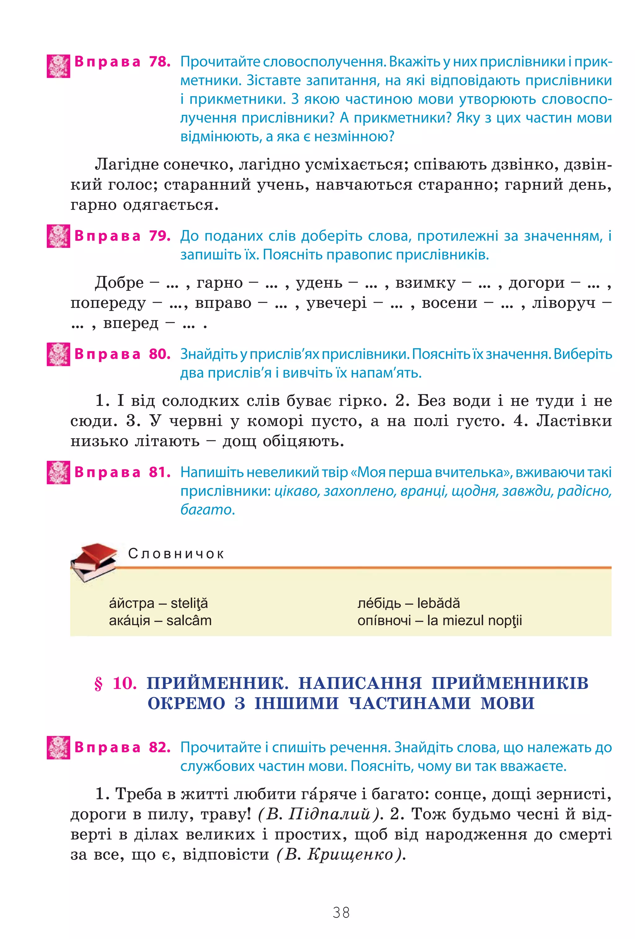 38
В п р а в а 78. Прочитайтесловосполучення.Вкажітьунихприслівникиіприк-
метники. Зіставте запитання, на які відповідають прислівники
і прикметники. З якою частиною мови утворюють словоспо-
лучення прислівники? А прикметники? Яку з цих частин мови
відмінюють, а яка є незмінною?
Ëàã³äíå ñîíå÷êî, ëàã³äíî óñì³õàºòüñÿ; ñï³âàþòü äçâ³íêî, äçâ³í-
êèé ãîëîñ; ñòàðàííèé ó÷åíü, íàâ÷àþòüñÿ ñòàðàííî; ãàðíèé äåíü,
ãàðíî îäÿãàºòüñÿ.
В п р а в а 79. До поданих слів доберіть слова, протилежні за значенням, і
запишіть їх. Поясніть правопис прислівників.
Äîáðå – … , ãàðíî – … , óäåíü – … , âçèìêó – … , äîãîðè – … ,
ïîïåðåäó – …, âïðàâî – … , óâå÷åð³ – … , âîñåíè – … , ë³âîðó÷ –
… , âïåðåä – … .
В п р а в а 80. Знайдітьуприслів’яхприслівники.Пояснітьїхзначення.Виберіть
два прислів’я і вивчіть їх напам’ять.
1. ² â³ä ñîëîäêèõ ñë³â áóâàº ã³ðêî. 2. Áåç âîäè ³ íå òóäè ³ íå
ñþäè. 3. Ó ÷åðâí³ ó êîìîð³ ïóñòî, à íà ïîë³ ãóñòî. 4. Ëàñò³âêè
íèçüêî ë³òàþòü – äîù îá³öÿþòü.
В п р а в а 81. Напишітьневеликийтвір«Мояпершавчителька»,вживаючитакі
прислівники: цікаво, захоплено, вранці, щодня, завжди, радісно,
багато.
áйстра – steliţă лéбідь – lebădă
акáція – salcâm опíвночі – la miezul nopţii
С л о в н и ч о к
§ 10. ÏÐÈÉÌÅÍÍÈÊ. ÍÀÏÈÑÀÍÍß ÏÐÈÉÌÅÍÍÈÊ²Â
ÎÊÐÅÌÎ Ç ²ÍØÈÌÈ ×ÀÑÒÈÍÀÌÈ ÌÎÂÈ
В п р а в а 82. Прочитайте і спишіть речення. Знайдіть слова, що належать до
службових частин мови. Поясніть, чому ви так вважаєте.
1. Òðåáà â æèòò³ ëþáèòè ãfðÿ÷å ³ áàãàòî: ñîíöå, äîù³ çåðíèñò³,
äîðîãè â ïèëó, òðàâó! (Â. Ï³äïàëèé). 2. Òîæ áóäüìî ÷åñí³ é â³ä-
âåðò³ â ä³ëàõ âåëèêèõ ³ ïðîñòèõ, ùîá â³ä íàðîäæåííÿ äî ñìåðò³
çà âñå, ùî º, â³äïîâ³ñòè (Â. Êðèùåíêî).
Право для безоплатного розміщення підручника в мережі Інтернет має
Міністерство освіти і науки України http://mon.gov.ua/ та Інститут модернізації змісту освіти https://imzo.gov.ua
 