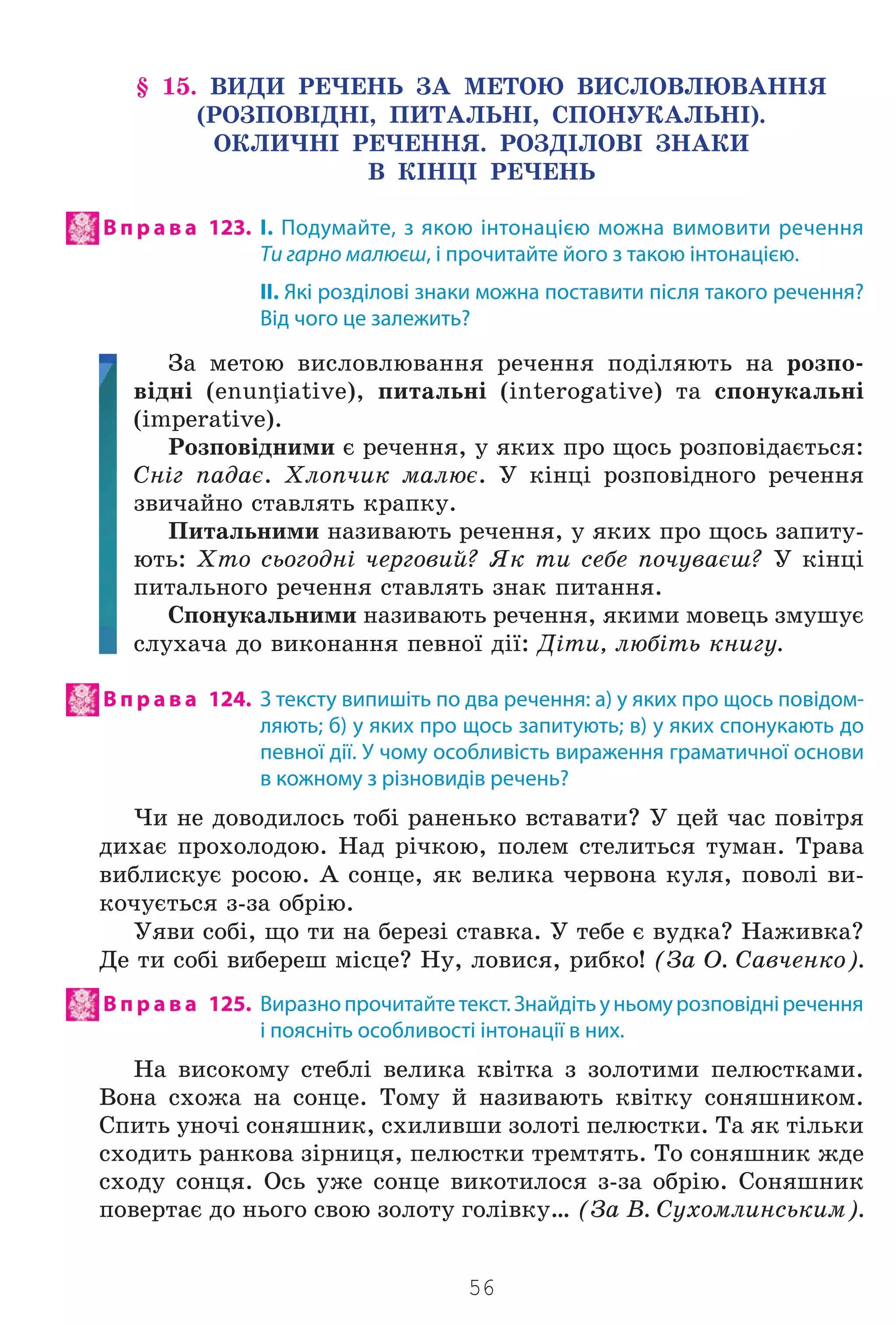 56
§ 15. ÂÈÄÈ ÐÅ×ÅÍÜ ÇÀ ÌÅÒÎÞ ÂÈÑËÎÂËÞÂÀÍÍß
(ÐÎÇÏÎÂ²ÄÍ², ÏÈÒÀËÜÍ², ÑÏÎÍÓÊÀËÜÍ²).
ÎÊËÈ×Í² ÐÅ×ÅÍÍß. ÐÎÇÄ²ËÎÂ² ÇÍÀÊÈ
Â Ê²ÍÖ² ÐÅ×ÅÍÜ
В п р а в а 123. І. Подумайте, з якою інтонацією можна вимовити речення
Ти гарно малюєш, і прочитайте його з такою інтонацією.
ІІ. Які розділові знаки можна поставити після такого речення?
Від чого це залежить?
Çà ìåòîþ âèñëîâëþâàííÿ ðå÷åííÿ ïîä³ëÿþòü íà ðîçïî-
â³äí³ (enunţiative), ïèòàëüí³ (interogative) òà ñïîíóêàëüí³
(imperative).
Ðîçïîâ³äíèìè º ðå÷åííÿ, ó ÿêèõ ïðî ùîñü ðîçïîâ³äàºòüñÿ:
Ñí³ã ïàäàº. Õëîï÷èê ìàëþº. Ó ê³íö³ ðîçïîâ³äíîãî ðå÷åííÿ
çâè÷àéíî ñòàâëÿòü êðàïêó.
Ïèòàëüíèìè íàçèâàþòü ðå÷åííÿ, ó ÿêèõ ïðî ùîñü çàïèòó-
þòü: Õòî ñüîãîäí³ ÷åðãîâèé? ßê òè ñåáå ïî÷óâàºø? Ó ê³íö³
ïèòàëüíîãî ðå÷åííÿ ñòàâëÿòü çíàê ïèòàííÿ.
Ñïîíóêàëüíèìè íàçèâàþòü ðå÷åííÿ, ÿêèìè ìîâåöü çìóøóº
ñëóõà÷à äî âèêîíàííÿ ïåâíî¿ ä³¿: Ä³òè, ëþá³òü êíèãó.
В п р а в а 124. З тексту випишіть по два речення: а) у яких про щось повідом-
ляють; б) у яких про щось запитують; в) у яких спонукають до
певної дії. У чому особливість вираження граматичної основи
в кожному з різновидів речень?
×è íå äîâîäèëîñü òîá³ ðàíåíüêî âñòàâàòè? Ó öåé ÷àñ ïîâ³òðÿ
äèõàº ïðîõîëîäîþ. Íàä ð³÷êîþ, ïîëåì ñòåëèòüñÿ òóìàí. Òðàâà
âèáëèñêóº ðîñîþ. À ñîíöå, ÿê âåëèêà ÷åðâîíà êóëÿ, ïîâîë³ âè-
êî÷óºòüñÿ ç-çà îáð³þ.
Óÿâè ñîá³, ùî òè íà áåðåç³ ñòàâêà. Ó òåáå º âóäêà? Íàæèâêà?
Äå òè ñîá³ âèáåðåø ì³ñöå? Íó, ëîâèñÿ, ðèáêî! (Çà Î. Ñàâ÷åíêî).
В п р а в а 125. Виразнопрочитайтетекст.Знайдітьуньомурозповідніречення
і поясніть особливості інтонації в них.
Íà âèñîêîìó ñòåáë³ âåëèêà êâ³òêà ç çîëîòèìè ïåëþñòêàìè.
Âîíà ñõîæà íà ñîíöå. Òîìó é íàçèâàþòü êâ³òêó ñîíÿøíèêîì.
Ñïèòü óíî÷³ ñîíÿøíèê, ñõèëèâøè çîëîò³ ïåëþñòêè. Òà ÿê ò³ëüêè
ñõîäèòü ðàíêîâà ç³ðíèöÿ, ïåëþñòêè òðåìòÿòü. Òî ñîíÿøíèê æäå
ñõîäó ñîíöÿ. Îñü óæå ñîíöå âèêîòèëîñÿ ç-çà îáð³þ. Ñîíÿøíèê
ïîâåðòàº äî íüîãî ñâîþ çîëîòó ãîë³âêó… (Çà Â. Ñóõîìëèíñüêèì).
Право для безоплатного розміщення підручника в мережі Інтернет має
Міністерство освіти і науки України http://mon.gov.ua/ та Інститут модернізації змісту освіти https://imzo.gov.ua
 