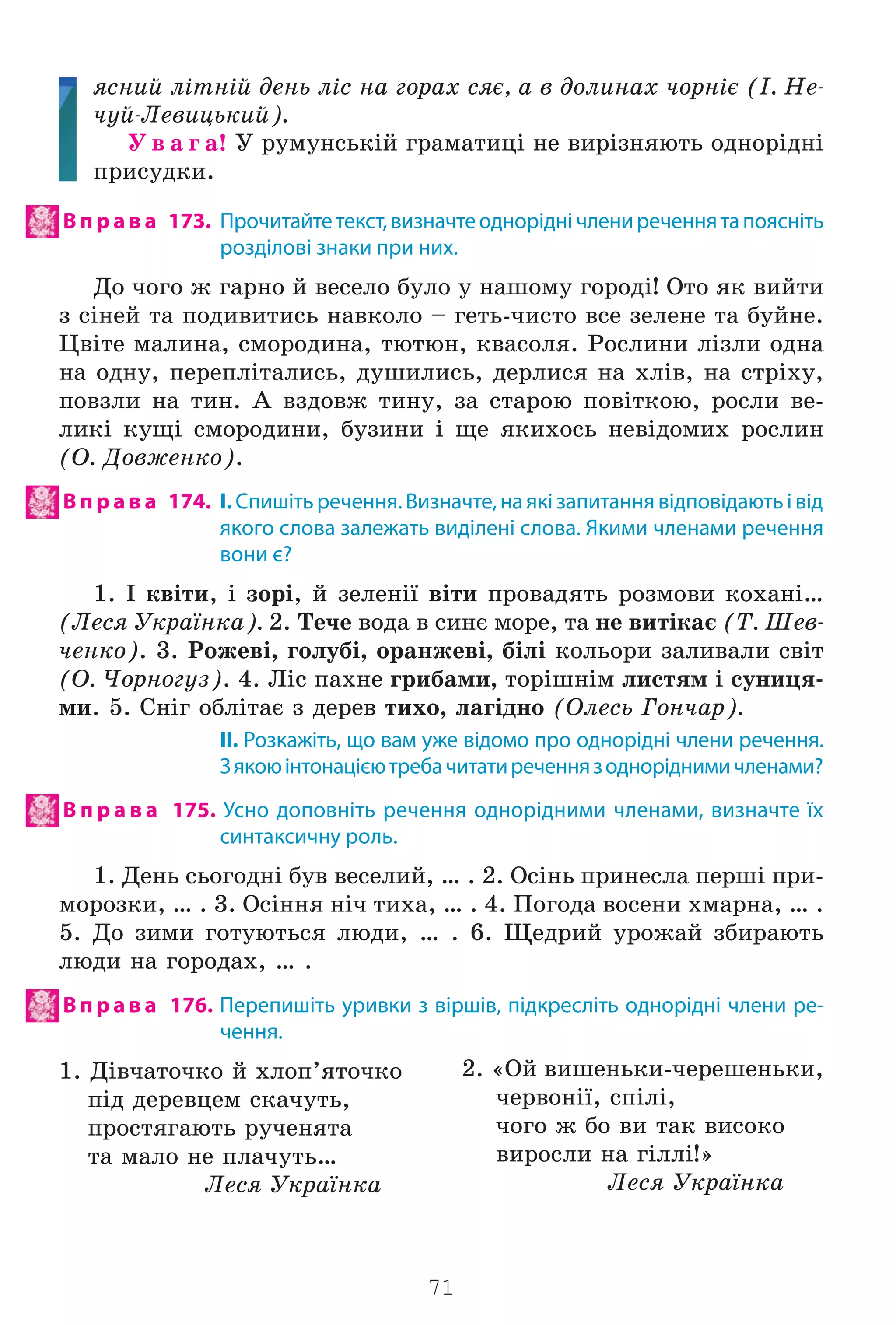 71
ÿñíèé ë³òí³é äåíü ë³ñ íà ãîðàõ ñÿº, à â äîëèíàõ ÷îðí³º (². Íå-
÷óé-Ëåâèöüêèé).
Ó â à ã à! Ó ðóìóíñüê³é ãðàìàòèö³ íå âèð³çíÿþòü îäíîð³äí³
ïðèñóäêè.
В п р а в а 173. Прочитайтетекст,визначтеодноріднічлениреченнятапоясніть
розділові знаки при них.
Äî ÷îãî æ ãàðíî é âåñåëî áóëî ó íàøîìó ãîðîä³! Îòî ÿê âèéòè
ç ñ³íåé òà ïîäèâèòèñü íàâêîëî – ãåòü-÷èñòî âñå çåëåíå òà áóéíå.
Öâ³òå ìàëèíà, ñìîðîäèíà, òþòþí, êâàñîëÿ. Ðîñëèíè ë³çëè îäíà
íà îäíó, ïåðåïë³òàëèñü, äóøèëèñü, äåðëèñÿ íà õë³â, íà ñòð³õó,
ïîâçëè íà òèí. À âçäîâæ òèíó, çà ñòàðîþ ïîâ³òêîþ, ðîñëè âå-
ëèê³ êóù³ ñìîðîäèíè, áóçèíè ³ ùå ÿêèõîñü íåâ³äîìèõ ðîñëèí
(Î. Äîâæåíêî).
В п р а в а 174. І.Спишітьречення.Визначте,наякізапитаннявідповідаютьівід
якого слова залежать виділені слова. Якими членами речення
вони є?
1. ² êâ³òè, ³ çîð³, é çåëåí³¿ â³òè ïðîâàäÿòü ðîçìîâè êîõàí³…
(Ëåñÿ Óêðà¿íêà). 2. Òå÷å âîäà â ñèíº ìîðå, òà íå âèò³êàº (Ò. Øåâ-
÷åíêî). 3. Ðîæåâ³, ãîëóá³, îðàíæåâ³, á³ë³ êîëüîðè çàëèâàëè ñâ³ò
(Î. ×îðíîãóç). 4. Ë³ñ ïàõíå ãðèáàìè, òîð³øí³ì ëèñòÿì ³ ñóíèöÿ-
ìè. 5. Ñí³ã îáë³òàº ç äåðåâ òèõî, ëàã³äíî (Îëåñü Ãîí÷àð).
ІІ. Розкажіть, що вам уже відомо про однорідні члени речення.
З якоюінтонацієютребачитатиреченнязодноріднимичленами?
В п р а в а 175. Усно доповніть речення однорідними членами, визначте їх
синтаксичну роль.
1. Äåíü ñüîãîäí³ áóâ âåñåëèé, … . 2. Îñ³íü ïðèíåñëà ïåðø³ ïðè-
ìîðîçêè, … . 3. Îñ³ííÿ í³÷ òèõà, … . 4. Ïîãîäà âîñåíè õìàðíà, … .
5. Äî çèìè ãîòóþòüñÿ ëþäè, … . 6. Ùåäðèé óðîæàé çáèðàþòü
ëþäè íà ãîðîäàõ, … .
В п р а в а 176. Перепишіть уривки з віршів, підкресліть однорідні члени ре-
чення.
1. Ä³â÷àòî÷êî é õëîï’ÿòî÷êî
ï³ä äåðåâöåì ñêà÷óòü,
ïðîñòÿãàþòü ðó÷åíÿòà
òà ìàëî íå ïëà÷óòü…
Ëåñÿ Óêðà¿íêà
2. «Îé âèøåíüêè-÷åðåøåíüêè,
÷åðâîí³¿, ñï³ë³,
÷îãî æ áî âè òàê âèñîêî
âèðîñëè íà ã³ëë³!»
Ëåñÿ Óêðà¿íêà
Право для безоплатного розміщення підручника в мережі Інтернет має
Міністерство освіти і науки України http://mon.gov.ua/ та Інститут модернізації змісту освіти https://imzo.gov.ua
 