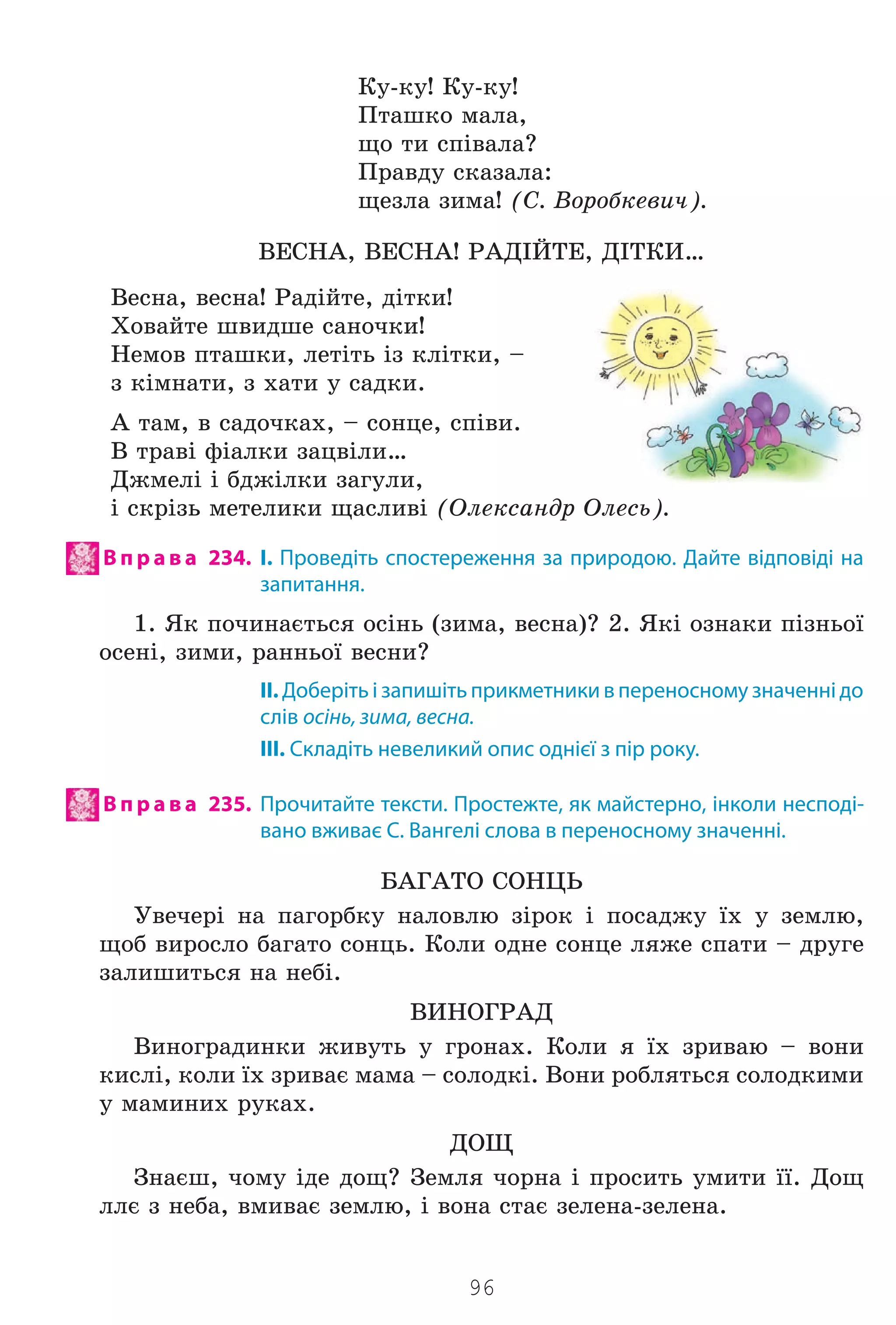 96
Êó-êó! Êó-êó!
Ïòàøêî ìàëà,
ùî òè ñï³âàëà?
Ïðàâäó ñêàçàëà:
ùåçëà çèìà! (Ñ. Âîðîáêåâè÷).
ÂÅÑÍÀ, ÂÅÑÍÀ! ÐÀÄ²ÉÒÅ, Ä²ÒÊÈ…
Âåñíà, âåñíà! Ðàä³éòå, ä³òêè!
Õîâàéòå øâèäøå ñàíî÷êè!
Íåìîâ ïòàøêè, ëåò³òü ³ç êë³òêè, –
ç ê³ìíàòè, ç õàòè ó ñàäêè.
À òàì, â ñàäî÷êàõ, – ñîíöå, ñï³âè.
Â òðàâ³ ô³àëêè çàöâ³ëè…
Äæìåë³ ³ áäæ³ëêè çàãóëè,
³ ñêð³çü ìåòåëèêè ùàñëèâ³ (Îëåêñàíäð Îëåñü).
В п р а в а 234. І. Проведіть спостереження за природою. Дайте відповіді на
запитання.
1. ßê ïî÷èíàºòüñÿ îñ³íü (çèìà, âåñíà)? 2. ßê³ îçíàêè ï³çíüî¿
îñåí³, çèìè, ðàííüî¿ âåñíè?
II. Доберіть і запишіть прикметники в переносному значенні до
слів осінь, зима, весна.
III. Складіть невеликий опис однієї з пір року.
В п р а в а 235. Прочитайте тексти. Простежте, як майстерно, інколи несподі-
вано вживає С. Вангелі слова в переносному значенні.
ÁÀÃÀÒÎ ÑÎÍÖÜ
Óâå÷åð³ íà ïàãîðáêó íàëîâëþ ç³ðîê ³ ïîñàäæó ¿õ ó çåìëþ,
ùîá âèðîñëî áàãàòî ñîíöü. Êîëè îäíå ñîíöå ëÿæå ñïàòè – äðóãå
çàëèøèòüñÿ íà íåá³.
ÂÈÍÎÃÐÀÄ
Âèíîãðàäèíêè æèâóòü ó ãðîíàõ. Êîëè ÿ ¿õ çðèâàþ – âîíè
êèñë³, êîëè ¿õ çðèâàº ìàìà – ñîëîäê³. Âîíè ðîáëÿòüñÿ ñîëîäêèìè
ó ìàìèíèõ ðóêàõ.
ÄÎÙ
Çíàºø, ÷îìó ³äå äîù? Çåìëÿ ÷îðíà ³ ïðîñèòü óìèòè ¿¿. Äîù
ëëº ç íåáà, âìèâàº çåìëþ, ³ âîíà ñòàº çåëåíà-çåëåíà.
Право для безоплатного розміщення підручника в мережі Інтернет має
Міністерство освіти і науки України http://mon.gov.ua/ та Інститут модернізації змісту освіти https://imzo.gov.ua
 