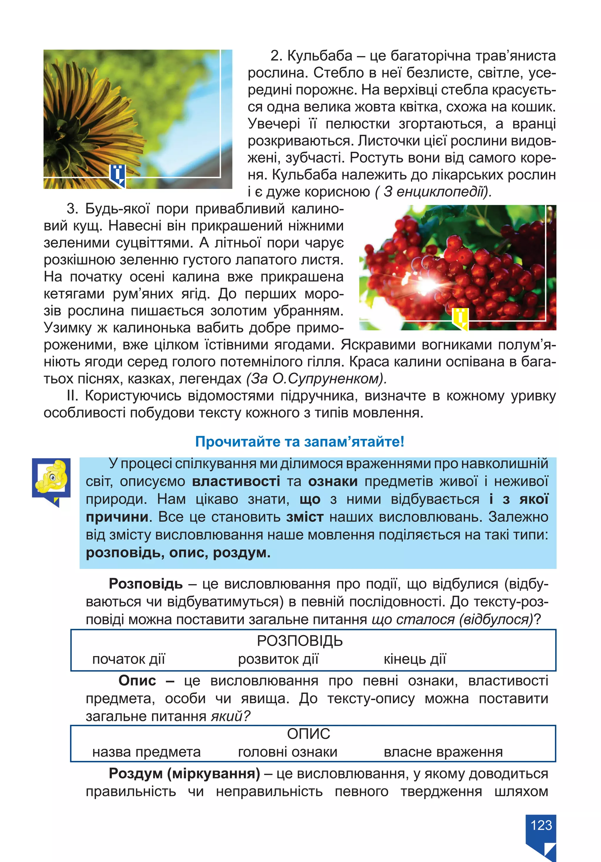 123
2. Кульбаба – це багаторічна трав’яниста
рослина. Стебло в неї безлисте, світле, усе-
редині порожнє. На верхівці стебла красуєть-
ся одна велика жовта квітка, схожа на кошик.
Увечері її пелюстки згортаються, а вранці
розкриваються. Листочки цієї рослини видов-
жені, зубчасті. Ростуть вони від самого коре-
ня. Кульбаба належить до лікарських рослин
і є дуже корисною ( З енциклопедії).
3. Будь-якої пори привабливий калино-
вий кущ. Навесні він прикрашений ніжними
зеленими суцвіттями. А літньої пори чарує
розкішною зеленню густого лапатого листя.
На початку осені калина вже прикрашена
кетягами рум’яних ягід. До перших моро-
зів рослина пишається золотим убранням.
Узимку ж калинонька вабить добре примо-
роженими, вже цілком їстівними ягодами. Яскравими вогниками полум’я-
ніють ягоди серед голого потемнілого гілля. Краса калини оспівана в бага-
тьох піснях, казках, легендах (За О.Супруненком).
ІІ. Користуючись відомостями підручника, визначте в кожному уривку
особливості побудови тексту кожного з типів мовлення.
Прочитайте та запам’ятайте!
У процесі спілкування ми ділимося враженнями про навколишній
світ, описуємо властивості та ознаки предметів живої і неживої
природи. Нам цікаво знати, що з ними відбувається і з якої
причини. Все це становить зміст наших висловлювань. Залежно
від змісту висловлювання наше мовлення поділяється на такі типи:
розповідь, опис, роздум.
Розповідь – це висловлювання про події, що відбулися (відбу-
ваються чи відбуватимуться) в певній послідовності. До тексту-роз-
повіді можна поставити загальне питання що сталося (відбулося)?
РОЗПОВІДЬ
	 початок дії 		 розвиток дії 		 кінець дії
Опис – це висловлювання про певні ознаки, властивості
предмета, особи чи явища. До тексту-опису можна поставити
загальне питання який?
ОПИС
	 назва предмета 	 головні ознаки 	 власне враження
Роздум (міркування) – це висловлювання, у якому доводиться
правильність чи неправильність певного твердження шляхом
Право для безоплатного розміщення підручника в мережі Інтернет має
Міністерство освіти і науки України https://mon.gov.ua та Інститут модернізації змісту освіти https://imzo.gov.ua/
 