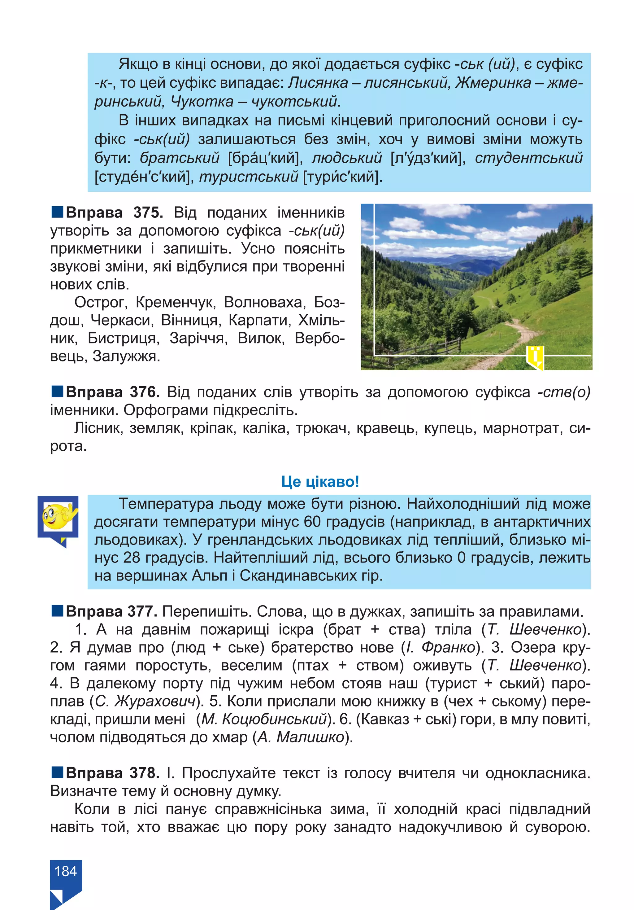 184
Якщо в кінці основи, до якої додається суфікс -ськ (ий), є суфікс
-к-, то цей суфікс випадає: Лисянка – лисянський, Жмеринка – жме-
ринський, Чукотка – чукотський.
В інших випадках на письмі кінцевий приголосний основи і су-
фікс -ськ(ий) залишаються без змін, хоч у вимові зміни можуть
бути: братський [брáц′кий], людський [л′у́дз′кий], студентський
[студéн′с′кий], туристський [тури́с′кий].
nВправа 375. Від поданих іменників
утворіть за допомогою суфікса -ськ(ий)
прикметники і запишіть. Усно поясніть
звукові зміни, які відбулися при творенні
нових слів.
Острог, Кременчук, Волноваха, Боз-
дош, Черкаси, Вінниця, Карпати, Хміль-
ник, Бистриця, Заріччя, Вилок, Вербо-
вець, Залужжя.
nВправа 376. Від поданих слів утворіть за допомогою суфікса -ств(о)
іменники. Орфограми підкресліть.
Лісник, земляк, кріпак, каліка, трюкач, кравець, купець, марнотрат, си-
рота.
Це цікаво!
Температура льоду може бути різною. Найхолодніший лід може
досягати температури мінус 60 градусів (наприклад, в антарктичних
льодовиках). У гренландських льодовиках лід тепліший, близько мі-
нус 28 градусів. Найтепліший лід, всього близько 0 градусів, лежить
на вершинах Альп і Скандинавських гір.
nВправа 377. Перепишіть. Слова, що в дужках, запишіть за правилами.
1. А на давнім пожарищі іскра (брат + ства) тліла (Т. Шевченко).
2. Я думав про (люд + ське) братерство нове (І. Франко). 3. Озера кру-
гом гаями поростуть, веселим (птах + ством) оживуть (Т. Шевченко).
4. В далекому порту під чужим небом стояв наш (турист + ський) паро-
плав (С. Журахович). 5. Коли прислали мою книжку в (чех + ському) пере-
кладі, пришли мені (М. Коцюбинський). 6. (Кавказ + ські) гори, в млу повиті,
чолом підводяться до хмар (А. Малишко).
nВправа 378. І. Прослухайте текст із голосу вчителя чи однокласника.
Визначте тему й основну думку.
Коли в лісі панує справжнісінька зима, її холодній красі підвладний
навіть той, хто вважає цю пору року занадто надокучливою й суворою.
Право для безоплатного розміщення підручника в мережі Інтернет має
Міністерство освіти і науки України https://mon.gov.ua та Інститут модернізації змісту освіти https://imzo.gov.ua/
 