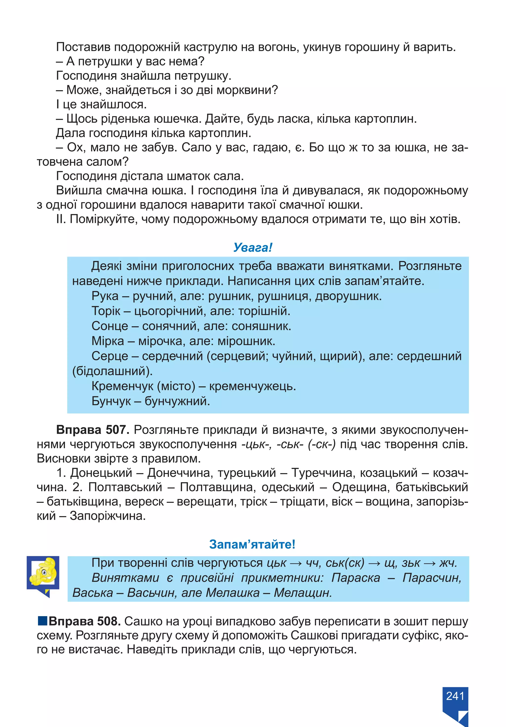 241
Поставив подорожній каструлю на вогонь, укинув горошину й варить.
– А петрушки у вас нема?
Господиня знайшла петрушку.
– Може, знайдеться і зо дві морквини?
І це знайшлося.
– Щось ріденька юшечка. Дайте, будь ласка, кілька картоплин.
Дала господиня кілька картоплин.
– Ох, мало не забув. Сало у вас, гадаю, є. Бо що ж то за юшка, не за-
товчена салом?
Господиня дістала шматок сала.
Вийшла смачна юшка. І господиня їла й дивувалася, як подорожньому
з одної горошини вдалося наварити такої смачної юшки.
ІІ. Поміркуйте, чому подорожньому вдалося отримати те, що він хотів.
Увага!
Деякі зміни приголосних треба вважати винятками. Розгляньте
наведені нижче приклади. Написання цих слів запам’ятайте.
Рука – ручний, але: рушник, рушниця, дворушник.
Торік – цьогорічний, але: торішній.
Сонце – сонячний, але: соняшник.
Мірка – мірочка, але: мірошник.
Серце – сердечний (серцевий; чуйний, щирий), але: сердешний
(бідолашний).
Кременчук (місто) – кременчужець.
Бунчук – бунчужний.
Вправа 507. Розгляньте приклади й визначте, з якими звукосполучен-
нями чергуються звукосполучення -цьк-, -ськ- (-ск-) під час творення слів.
Висновки звірте з правилом.
1. Донецький – Донеччина, турецький – Туреччина, козацький – козач-
чина. 2. Полтавський – Полтавщина, одеський – Одещина, батьківський
– батьківщина, вереск – верещати, тріск – тріщати, віск – вощина, запорізь-
кий – Запоріжчина.
Запам’ятайте!
При творенні слів чергуються цьк → чч, ськ(ск) → щ, зьк → жч.
Винятками є присвійні прикметники: Параска – Парасчин,
Васька – Васьчин, але Мелашка – Мелащин.
nВправа 508. Сашко на уроці випадково забув переписати в зошит першу
схему. Розгляньте другу схему й допоможіть Сашкові пригадати суфікс, яко-
го не вистачає. Наведіть приклади слів, що чергуються.
Право для безоплатного розміщення підручника в мережі Інтернет має
Міністерство освіти і науки України https://mon.gov.ua та Інститут модернізації змісту освіти https://imzo.gov.ua/
 