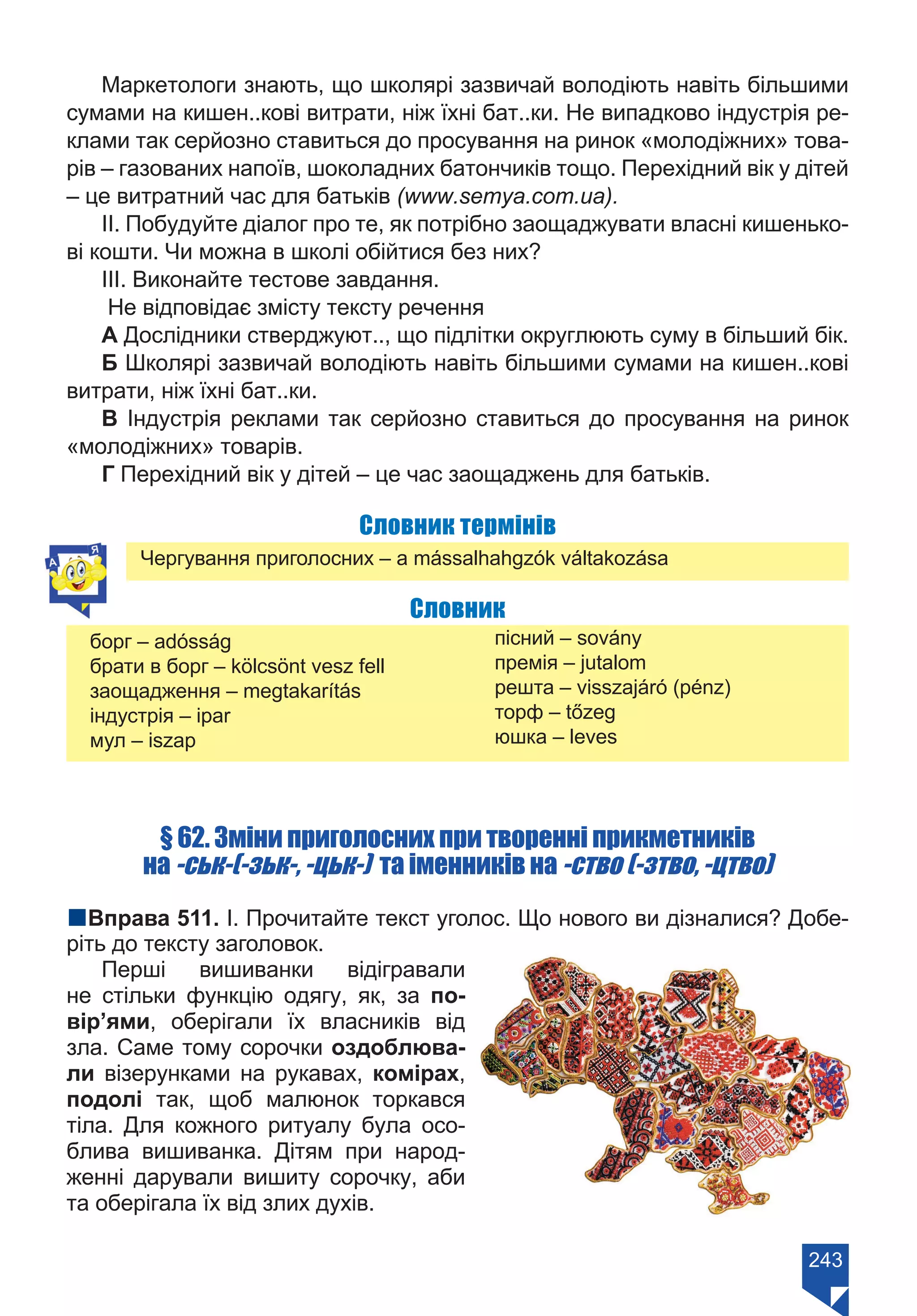 243
Маркетологи знають, що школярі зазвичай володіють навіть більшими
сумами на кишен..кові витрати, ніж їхні бат..ки. Не випадково індустрія ре-
клами так серйозно ставиться до просування на ринок «молодіжних» това-
рів – газованих напоїв, шоколадних батончиків тощо. Перехідний вік у дітей
– це витратний час для батьків (www.semya.com.ua).
ІІ. Побудуйте діалог про те, як потрібно заощаджувати власні кишенько-
ві кошти. Чи можна в школі обійтися без них?
ІІІ. Виконайте тестове завдання.
Не відповідає змісту тексту речення
А Дослідники стверджуют.., що підлітки округлюють суму в більший бік.
Б Школярі зазвичай володіють навіть більшими сумами на кишен..кові
витрати, ніж їхні бат..ки.
В Індустрія реклами так серйозно ставиться до просування на ринок
«молодіжних» товарів.
Г Перехідний вік у дітей – це час заощаджень для батьків.
Словник термінів
	 Чергування приголосних – a mássalhahgzók váltakozása
Словник
борг – adósság
брати в борг – kölcsönt vesz fell
заощадження – megtakarítás
індустрія – ipar
мул – iszap
пісний – sovány
премія – jutalom
решта – visszajáró (pénz)
торф – tőzeg
юшка – leves
§ 62. Зміни приголосних при творенні прикметників
на -ськ-(-зьк-, -цьк-) та іменників на -ство (-зтво, -цтво)
nВправа 511. І. Прочитайте текст уголос. Що нового ви дізналися? Добе-
ріть до тексту заголовок.
Перші вишиванки відігравали
не стільки функцію одягу, як, за по-
вір’ями, оберігали їх власників від
зла. Саме тому сорочки оздоблюва-
ли візерунками на рукавах, комірах,
подолі так, щоб малюнок торкався
тіла. Для кожного ритуалу була осо-
блива вишиванка. Дітям при народ-
женні дарували вишиту сорочку, аби
та оберігала їх від злих духів.
Право для безоплатного розміщення підручника в мережі Інтернет має
Міністерство освіти і науки України https://mon.gov.ua та Інститут модернізації змісту освіти https://imzo.gov.ua/
 