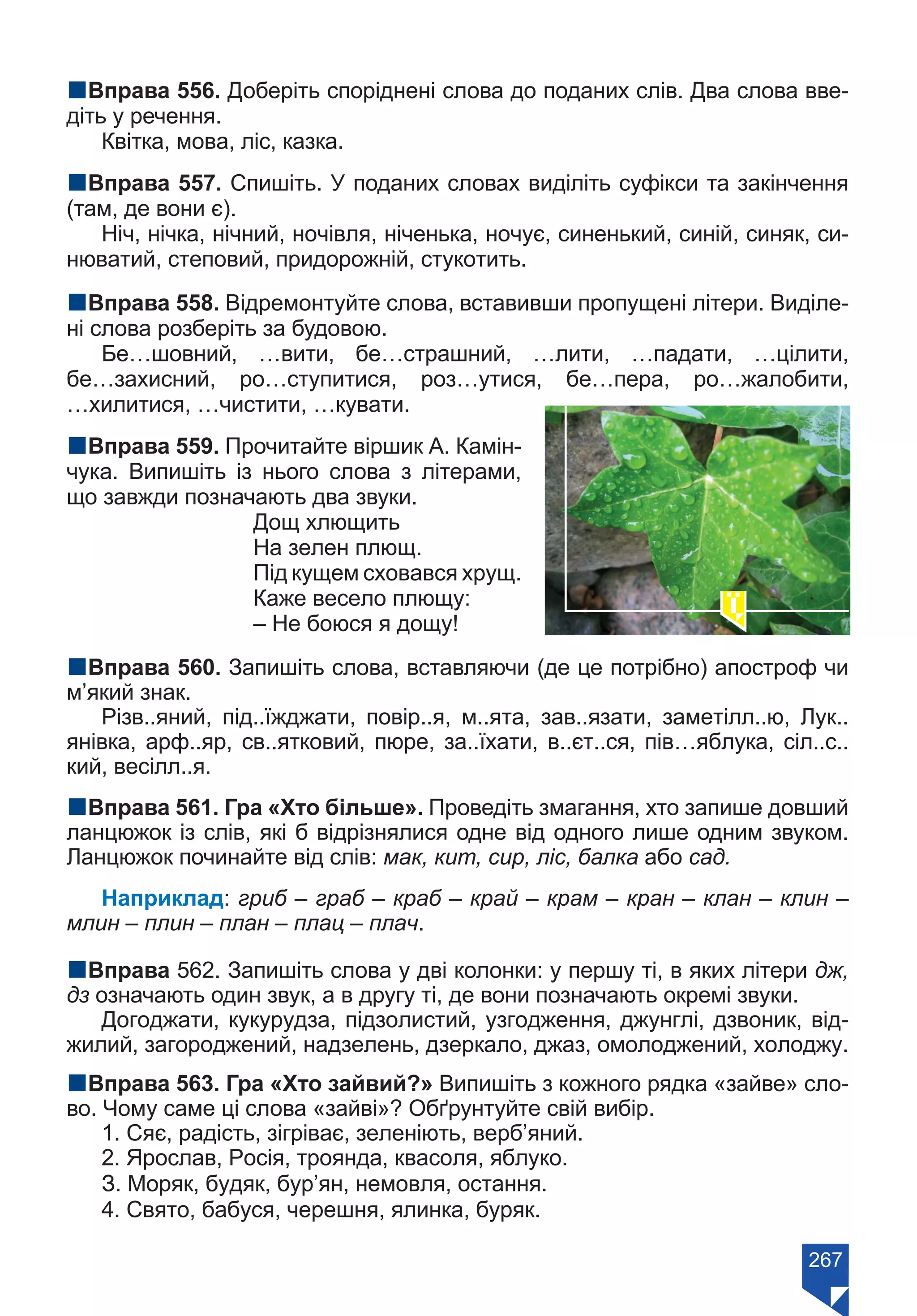 267
nВправа 556. Доберіть споріднені слова до поданих слів. Два слова вве-
діть у речення.
Квітка, мова, ліс, казка.
nВправа 557. Спишіть. У поданих словах виділіть суфікси та закінчення
(там, де вони є).
Ніч, нічка, нічний, ночівля, ніченька, ночує, синенький, синій, синяк, си-
нюватий, степовий, придорожній, стукотить.
nВправа 558. Відремонтуйте слова, вставивши пропущені літери. Виділе-
ні слова розберіть за будовою.
Бе…шовний, …вити, бе…страшний, …лити, …падати, …цілити,
бе…захисний, ро…ступитися, роз…утися, бе…пера, ро…жалобити,
…хилитися, …чистити, …кувати.
nВправа 559. Прочитайте віршик А. Камін-
чука. Випишіть із нього слова з літерами,
що завжди позначають два звуки.
Дощ хлющить
На зелен плющ.	
Під кущем сховався хрущ.
Каже весело плющу:
– Не боюся я дощу!
nВправа 560. Запишіть слова, вставляючи (де це потрібно) апостроф чи
м’який знак.
Різв..яний, під..їжджати, повір..я, м..ята, зав..язати, заметілл..ю, Лук..
янівка, арф..яр, св..ятковий, пюре, за..їхати, в..єт..ся, пів…яблука, сіл..с..
кий, весілл..я.
nВправа 561. Гра «Хто більше». Проведіть змагання, хто запише довший
ланцюжок із слів, які б відрізнялися одне від одного лише одним звуком.
Ланцюжок починайте від слів: мак, кит, сир, ліс, балка або сад.
Наприклад: гриб – граб – краб – край – крам – кран – клан – клин –
млин – плин – план – плац – плач.
nВправа 562. Запишіть слова у дві колонки: у першу ті, в яких літери дж,
дз означають один звук, а в другу ті, де вони позначають окремі звуки.
Догоджати, кукурудза, підзолистий, узгодження, джунглі, дзвоник, від-
жилий, загороджений, надзелень, дзеркало, джаз, омолоджений, холоджу.
nВправа 563. Гра «Хто зайвий?» Випишіть з кожного рядка «зайве» сло-
во. Чому саме ці слова «зайві»? Обґрунтуйте свій вибір.
1. Сяє, радість, зігріває, зеленіють, верб’яний.
2. Ярослав, Росія, троянда, квасоля, яблуко.
З. Моряк, будяк, бур’ян, немовля, остання.
4. Свято, бабуся, черешня, ялинка, буряк.
Право для безоплатного розміщення підручника в мережі Інтернет має
Міністерство освіти і науки України https://mon.gov.ua та Інститут модернізації змісту освіти https://imzo.gov.ua/
 