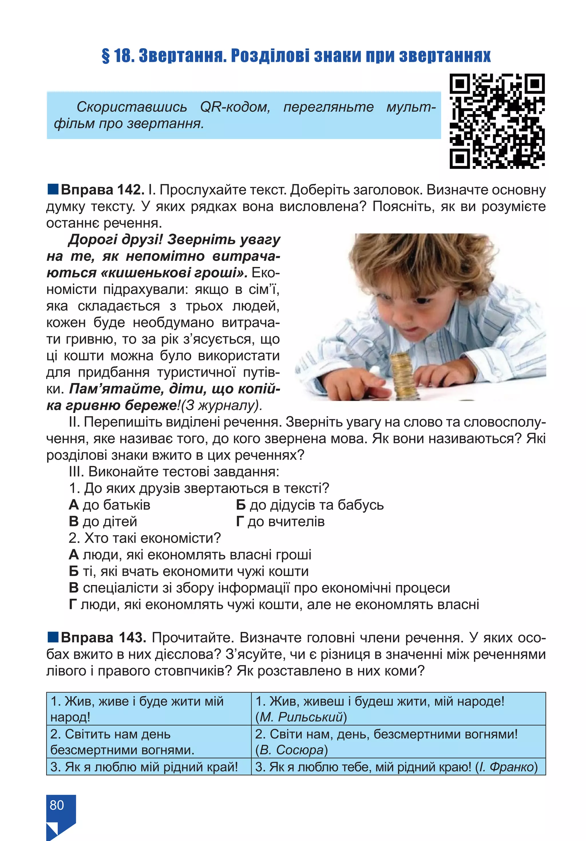 80
§ 18. Звертання. Розділові знаки при звертаннях
Скориставшись QR-кодом, перегляньте мульт-
фільм про звертання.
nВправа 142. І. Прослухайте текст. Доберіть заголовок. Визначте основну
думку тексту. У яких рядках вона висловлена? Поясніть, як ви розумієте
останнє речення.
Дорогі друзі! Зверніть увагу
на те, як непомітно витрача-
ються «кишенькові гроші». Еко-
номісти підрахували: якщо в сім’ї,
яка складається з трьох людей,
кожен буде необдумано витрача-
ти гривню, то за рік з’ясується, що
ці кошти можна було використати
для придбання туристичної путів-
ки. Пам’ятайте, діти, що копій-
ка гривню береже!(З журналу).
ІІ. Перепишіть виділені речення. Зверніть увагу на слово та словосполу-
чення, яке називає того, до кого звернена мова. Як вони називаються? Які
розділові знаки вжито в цих реченнях?
ІІІ. Виконайте тестові завдання:
1. До яких друзів звертаються в тексті?
А до батьків		 Б до дідусів та бабусь
В до дітей			 Г до вчителів
2. Хто такі економісти?
А люди, які економлять власні гроші
Б ті, які вчать економити чужі кошти
В спеціалісти зі збору інформації про економічні процеси
Г люди, які економлять чужі кошти, але не економлять власні
nВправа 143. Прочитайте. Визначте головні члени речення. У яких осо-
бах вжито в них дієслова? З’ясуйте, чи є різниця в значенні між реченнями
лівого і правого стовпчиків? Як розставлено в них коми?
1. Жив, живе і буде жити мій
народ!
1. Жив, живеш і будеш жити, мій народе!
(М. Рильський)
2. Світить нам день
безсмертними вогнями.
2. Світи нам, день, безсмертними вогнями!
(В. Сосюра)
3. Як я люблю мій рідний край! 3. Як я люблю тебе, мій рідний краю! (І. Франко)
Право для безоплатного розміщення підручника в мережі Інтернет має
Міністерство освіти і науки України https://mon.gov.ua та Інститут модернізації змісту освіти https://imzo.gov.ua/
 