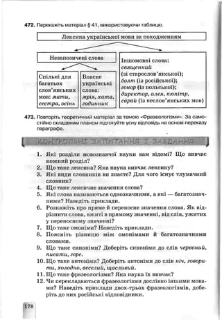 472. Перекажіть матеріал § 41, використовуючи таблицю.
473. Повторіть теоретичний матеріал за темою «Фоазеопогізми». За само­
стійно складеним планом підготуйте усну відповідь на основі перзказу
параграфа
ЇЮИТРОПЬПХ ЗАПИТАННЯ X ЗАЗДАИ И Д Zj
1. Які розділи мовознавчої науки вам відом ? Що вивчає
кожний розділ?
2. Що таке лексика? Яка наука вивчає лексику?
3. Які види словників ви знаєте? Для чого шує тлумачний
словник?
4. Шо таке лексичне значення слова?
5. Які слова називаються однозначними, а які — багатознач­
ними? Наведіть приклади.
6. Розкажіть про пряме й переносне значення слова. Як від­
різнити слова, вжиті в прямому значенні, ві цслів, ужитих
у переносному значенн ?
7. Що таке омоніми? Наведіть приклади.
8. Поясніть різницю між омон мами й багатозначними
словами.
9. Що таке синоніми? Доборіть синоніми до слів червоний,
писати, горе.
10. Що таке антоніми? Доберіть антоніми до слів hіч, говори­
ти, холодно, весслий, щасливий.
11. Що таке фразеологізми? Яка наука їх вивчає?
12. Чи перекладаються фразеологізми дос лівно іншими мова­
ми? Наведіть приклади двох-трьох фразеологізмів, добе­
ріть до них російські відповідники.
178
 
