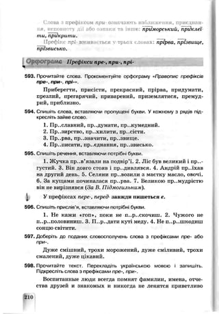 Слова з префіксом при означають наближення, приєднан­
ня. неповноту дії або 0 отакії та інше: приморський, приклеї­
ти, прикрити.
Префікс прі вжив.і* гьгя Vтрьох словах: прірва, прізвище,
прізвисько.
0 Р і ; ДА Префікси пре-, при-, ПрІ-
I
593. Прочитайте слова. Прокоментуйте орфограму «Правопис префіксів
пре-, при- прі-».
Приберегти, присісти, прекрасний, прірва, придумати,
презлий, прегарячий, приварений, чригемлятиоя, премуд­
рий, приблизно.
594. Спишіть слова вставляючи пропущені букии. У кожному з рядів під­
кресліть зайве слово
1. Пр..слаьний, пр..думати, пр. кумедний.
2. Пр. зиретво, пр..хилити, пр .сісти.
3. Пр..рва, пр..значити, пр..звише.
4 Пю..писати, приєднання, пр..звисько.
595. Спиш.ть речення, вставляючи потрібні букви.
1. Жучка прив’язали на подвір’ї. 2. Ліс був великий і пр..-
густий. 3. Він довго сгояв і придивлявся. 4 Андрій пр..їхав
на другий день. 5. Селяни пр..возили з маєгку масло, овочі.
6. За кущами починалася пр..рва. 7. Великою премудрістю
він не вирізнявся (За В Підмогильним).
У префіксах пере , перрд завжди пишеться е.
596. Сииш-ть присл.в’я, вставляючи потр.бні букви.
1. Не кажи «гоп», поки не п..р..скочиш. 2, Чужого не
п..р..поло б и н и ш . 3. П.. р..дати куті меду. 4. Не п..р..шкодиш
сонцю світити.
597. Доберіть до поданих словосполучень слова з префіксами пре- або
при-.
Дуже сміліний, трохи морожений, дуже сміливий, трохи
смалений, дуже цікавий.
598. Прочитайте текст. Перекладіть українською мовою і запишіть.
Підкресліть слова з преф ксами пре-, при-.
Воспитанные люди всегда помняг фамилии, имена, отче­
ства друзей и знакомых и никогда не ленятся приветливо
210
 
