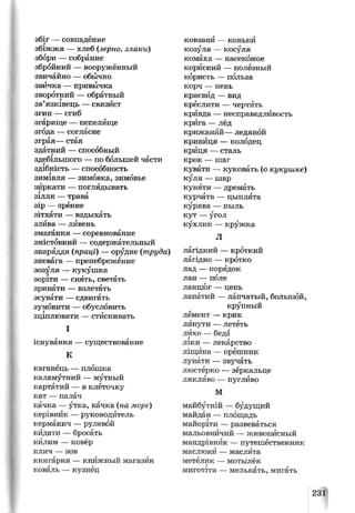 збіг —совпадение
збіжжя — хлеб (зерно, злаки)
збори — собрание
збройний — вооружённый
звичайно —обычно
звичка — привычка
зворотний —обратный
зв’язківець —связйст
згин — сгиб
згарище — пепелище
згода — согласие
зграя— стая
здатний — способный
здебільшого — по большей части
здібність —способность
Г г гзимівля — зимовка, зимовье
зиркати — поглядывать
зілля — трава
зір — зрение
зітхати — вздыхать
злива —лйвень
змагання — соревнование
змістовний — содержательный
знаряддя (праці) — орудие (труда)
зневага — пренебрежение
зозуля — кукушка
зоріти —сиять, светать
зринати — взлетать
зсувати — сдвигать
зумовити — обусловить
зціплювати —стискивать
I
існування — существование
К
каганець —плошка
каламутний — мутный
картатий — в клеточку
кат — палач
качка —утка, качка (на море)
керівник —руководитель
керманич — рулевой
кйдати — бросать
килим — ковёр
клич — зов
книгарня — книжный магазин
коваль — кузнец
ковзанй —коньки
козуля — косуля
комаха —насекомое
корисний — полезный
користь — польза
корч — пень
краєвид —вид
креслити — чертить
кривда — несправедливость
крйга —лёд
крижаний—ледяной
кринйця — колодец
крйця — сталь
крок — шаг
кувати — куковать (о кукушке)
куля — шар
куняти —дремать
курчата — цыплята
курява —пыль
кут —угол
кухлик — кружка
Л
лагідний — кроткий
лагідно — кротко
лад — порядок
лан — поле
ланцюг — цепь
лапатий —лапчатый, большой,
крупный
лёмент — крик
линути —лететь
лихо — беда
ліки —лекарство
ліщина —орешник
лунати — звучать
люстёрко — зеркальце
ляклйво — пугливо
М
майбутній — будущий
майдан — площадь
майоріти —развеваться
мальовничий — живописный
мандрівник — путешественник
маслюки — маслята
метёлик —мотылёк
• г г
миготіти — мелькать, мигать
231
 