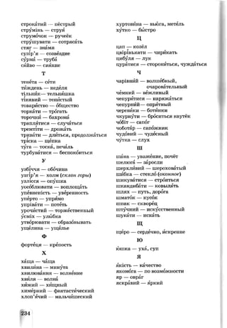 строкатий — пёстрый
струмінь —струя
струмочок — ручеёк
струшувати — сотрясать
стяг — знамя
сузір я — созвездие
сурма — труба
сяйво — сияние
Т
тенета — сети
тиждень —неделя
тільник— тельняшка
г ,тінявии — тенистыи
товариство —общество
торкати — трогать
торочки — бахрома
траплятися — случаться
тремтіти — дрожать
тривати —длиться, продолжаться
тріска — щепка
туга — тоска, печаль
турбуватися — беспокоиться
У
узбіччя — обочина
узгір’я — холм (склон горы)
узлісся — опушка
уособлювати — воплощать
упевненість —уверенность
уперто —упрямо
упрівати — потеть
урочистий —торжественный
усміх — улыбка
утворювати — образовывать
ущелина —ущелье
Ф
фортеця — крепость
X
хаща — чаща
хвилина — минута
хвилювання — волнение
хвиля — волна
хижий — хищный
химерний —фантастический
хлоп’ячий — мальчишеский
хуртовина — вьюга, метель
хутко — быстро
ц
цап — козёл
цвірінькати — чирикать
цибуля — лук
цуратися —сторониться, чуждаться
Ч
чарівний — волшебный,
очаровательный
чемний — вежливый
чепуритися — наряжаться
чепурнйй— опрятный
черевики —ботинки
чкурнути — броситься наутёк
чобіт — сапог
чоботар —сапожник
чудовий — чудесный
чутка — слух
Ш
шана — уважение, почёт
шелюга — заросли
шерхливий — шероховатый
шибка — стекло (оконное)
шикуватися —строиться
шкандибати — ковылять
шлях — путь, дорога
шматок — кусок
шпак —скворец
штучний — искусственный
шукати — искать
щ
щиро — сердечно, искренне
ю
юшка — уха, суп
Я
якість —качество
якомога — по возможности
яр —овраг
яскравий —яркий
234
 