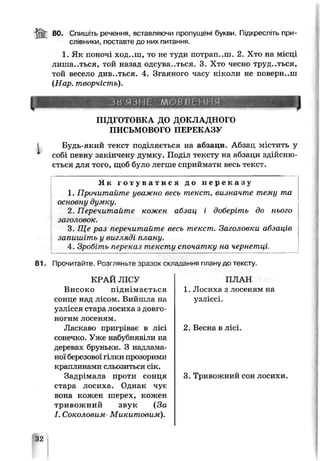 80. Спишіть речення, вставляючи пропущені букви. Підкресліть при-
сл.вники, поставте до них питання.
1. Як поночі ход..ш, то не туди потрап..ш. 2. Хто на місці
лишаються, той назад одсува..ться. 3. Хто чесно труд..ться,
той весело див..ться. 4. Згаяного часу ніколи не поверн..ш
(Нар. творчість).
ЗВ’ЯЗНЕ МОВЛЕННЯ
ПІДГОТОВКА ДО ДОКЛАДНОГО
ПИСЬМОВОГО ПЕРЕКАЗУ
Будь-який текст поділяється на абзаци. Абзац містить у
собі певну закінчену думку. Поділ тексту на абзаци здійсню­
ється для того, щоб було легше сприймати весь текст.
Я к г о т у в а т и с я до п е р е к а з у
1. Прочитайте уважно весь текст, визначте тему та
основну думку.
2. Перечитайте кожен абзац і доберіть до нього
заголовок.
3. Ще раз перечитайте весь текст. Заголовки абзаців
запишіть у вигляді плану.
4. Зробить переказ тексту спочатку на чернетці.
81. Прочи гайте Розгляноте зразок складапья плану до тексту.
КРАП ЛІСУ
Високо піднімається
сонце над лісом. Вийшла на
узлісся стара лосиха з довго­
ногим лосеням.
Ласкаво пригріває в лісі
сонечко. Уже набубнявіли на
деревах бруньки. З надлама­
ної березової гілки прозорими
краплинами сльозиться сік.
Задрімала проти сонця
стара лосиха. Однак чує
вона кожен шерех, кожен
тривожний звук (За
І. Соколовим- Микитовим).
ПЛАН
1. Лосиха з лосеням на
узліссі.
2. Весна в лісі.
3. Тривожний сон лосихи.
32
 