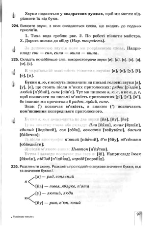 Звуки подаються у квадратних дужках, щоб ми могли від­
різнити їх від букв.
224. Вимовте звуки, з яких складаються слова, що входять до поданих
прислів’їв.
1. Тиха вода греблю рве. 2. По роботі пізнгти майстра.
3. Дорога ложка до обіду (Нар. творчість).
и . Напри­
клад: сон — син, сила — мила — шила.
225. Складіть якн&йб'льше слів, використовуючи звуки [и], [д], [к], [о], [а],
[м], [с].
/ В jBi т- ло< пв [а], [о], [у], [і],
* [е],[и].
Букви я, ю, є можуть позначати на письмі голосні звуки [а],
* [У], [е], що стоять після м’яких приголосних: рядсх [р' їдок],
любий [л'убий], синє [сйн'е]. Тут ми пишемо я, ю, є, а не а, у, е,
щоб позначати на письмі м’якість приголосних [р], [л'], [н']>
бо інакше ми прочитали брадок, лубий, сине.
Знак О позначає м’якість, а знаком (’) позначають
пом’якшення попереднього приголосного.
[йа], [йу], [йе]:
Яна [йана], юнак [йунак],
єдиний [йединий], соя [сойа], воювати [всйувати], баєчка
[байечка];
п’ятий [пйатий], б’ю [бйу], об’єднати
[обйеднати];
3) V Ньютон [н'йутон].
[йі]. Наприклад: їжак
[йіясак], під’їзд [п’ідйізд], короїд [коройід].
226. Розгляньте схему Розваж.гь про подвійне звукове значення букв я, ю,є
та значення букви ї.
<
[а] —ряд, сонячний
[йа] — твоя, яблуко, п’ята
<
[У] — лютий, люди
[йу] —рию, в’юн, ючий
4 Українська мова,5кл.
97
 