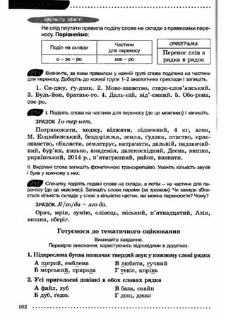 Не спід плутати правила поділу слова на склади з правилами пере­носу. 
Порівняймо: 
Поділ на склади Частини 
для переносу 
о - зе - ро озе - ро 
ст ят ь* * 
Перенос слів з 
рядка в рядок 
0 0 9 Визначте, за яким правилом у кожній групі слова поділено на частини 
для переносу. Доберіть до кожної групи 1-2 аналогічних приклади і запишіть. 
1. Си-джу, ґу-дзик. 2, Мово-знавство, старо-слов’янський. 
3. Буль-йон, братньо-го. 4. Даль-ній, від’-ємний. 5. Обо-рона, 
озе-ро. 
Д О І. Поділіть слова на частини для переносу (де це можливо) і запишіть. 
ЗРАЗОК Ін-тпер-нет. 
Потривожити, ходжу, віджити, підземний, 4 кг, алея, 
М. Коцюбинський, бездоріжжя, земля, ґудзик, птаство, крає­знавство, 
обкласти, землетрус, витрачати, дальній, надзвичай­ний, 
бур’ян, низько, академія, далекосхідний, Десна, виш ня, 
український, 2014 p., п ’ятигранний, район, визнати. 
II. Виділені слова запишіть фонетичною транскрипцією. Укажіть кількість звуків 
і букв у кожному з них. 
Спочатку поділіть подані слова на склади, а потім - на частини для пе­реносу 
(де це можливо). Запишіть слова парами (за зразком). Чи завжди збіга­ється 
кількість складів у слові з кількістю частин, які можна переносити? Чому? 
ЗРАЗОК. Я / г о / д а - я го да. 
Орач, м рія, зумію, олівець, міський, п ’ятнадцятий, А зія, 
виш ня, оберіг. 
Г отуєм о ся до тем ати ч н о го о ц ін ю в а н н я 
Виконайте завдання. 
Перевірте виконання, користуючись відповідями в додатках. 
1. Підкреслена буква позначає твердий звук у кожному слові рядка 
А щ ирий, емблема В любити, гучний 
Б морський, природа Г теніс, корінь 
2. Усі приголосні дзвінкі в обох словах рядка 
А файл, зуб В база, скайп 
Б дуб, ґедзь Г дощ, дж аз 
102 
 