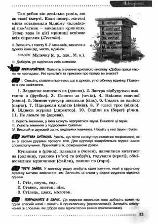 Так робив він декілька років, аж 
до своєї смерті. Коли помер, ж ителі 
міста встановили бідному чоловіко­ві 
пам ’ятн и к — викопали криницю. 
Тепер вода із цієї криниці освіжає 
всіх спраглих {Легенда). 
II. Випишіть з тексту 5 -7 іменників, зазначте в 
дужках їхній рід, число, відмінок. 
ЗІЛООК Містечку (с. р., одн., М. в.). 
III. Доберіть до виділених слів антоніми. 
Поясніть значення крилатого вислову «Добра праця ніко­ли 
не пропадає». Які прислів’я та приказки про працю ви знаєте? 
І. Спишіть, ставлячи іменники, що в дужках, у потрібному відмінку. Познач­те 
в них закінчення. 
1. Завдання записано на (дошка). 2. Завтра відбудуться зм а­гання 
з (футбол). 3. Пливти за (течія). 4. Н аїлися смачної 
(каша). 5. Зимою тротуар посипали (сіль). 6. Сидять за однією 
(парта). 7. П ідкресли однією (лінія). 8. У класі троє (вікно). 
9. Віднеси ж урнал (директор). 10. Сиділи на (берег) річки. 
11. Не лазьте по (дерева). 
II. Укажіть іменники, у яких можуть чергуватися звуки. Вимовте ці звуки. 
III. Укажіть іменники з подвоєними буквами. 
IV. Виконайте звуковий запис виділених іменників. Назвіть у них звуки і букви. 
4 9 ж и т ел ctmmtuts Уявіть, що після канікул однокласник поцікавився, як 
ви зі своїми друзями провели літо. Для відповіді знадобляться подані нижче 
словосполучення. Прочитайте їх. розкриваючи дужки. 
Купалися в (річка), плавали в (човен), навчилися кататися 
на (ролики), гралися (м’яч) та (обруч), годували (кролі), обмі­нювалися 
музичними (файли), лазили по (гори). 
тт » зл й е ь У кожному рядку знайдіть один іменник, який в орудному 
відмінку матиме закінчення -ем. Запишіть ці слова у формі орудного відмінка 
однини. 
1. Стіл, окунь, сад. 
2. Ставок, листок, ніж. 
3. Стілець, цвях, молоток. 
і. т т щ к їп г в Л4Л4Х» До поданих загальних назв доберіть кожен по 
одній власній назві і скажіть її однокласнику (однокласниці). Запнуть сполу­чення 
зі словами, які дібрав ваш однокласник (ваша однокласниця^. 
 