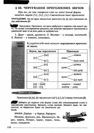 § 32. ЧЕРГУВАННЯ ПРИГОЛОСНИХ ЗВУКІВ 
Про те, як при творенні слів чи зміні їхньої форми 
замість звуків [ г], [ к ] , [ х ] з ’являються інші приголосні 
ПРИГАДАЙМО На які звуки змінюються приголосні [г], [к], [х] в іменниках пе­ред 
закінченням [і]? 
Прочитайте. Простежте, які зміни відбулися в коренях слів кожної гру­пи. 
На основі спостереження розкажіть про можливі чергування приголосних в 
українській мові та за яких умов це відбувається. 
1. Друг - друзі, дружити. 2. Молоко - у молоці, молочний. 
3. Кожух - у кожусі, кожуш ок. 
Чергу- В українській мові можуть чергуватися приголос- 
вання ні звуки. 
Звуки, що чергуються П риклади 
ніж ка 
м С Г нога 
^ " [ з і ^ ^ " (н а ) нозі 
ручка 
[КІСТ р у к а ^ 
^ ^[Ц ] " " - ( в ) руці 
вушко 
вухо 
'""'^(у) вусі 
[д] - [дж] ходити - ходжу 
[т] - [ч] летіти - лечу 
^ M E S S O E 
Приголосні [г], [к], [х] чергуються із [з'], [ц'], [с'] перед голосним [і]. 
Доберіть до поданих слів форми слова або спільнокореневі слова із 
чергуванням приголосних. Запишіть слова групами. Вимовте звуки, які чер­гуються, 
та підкресліть букви на позначення цих 
звуків. 
ЗРАЗОК. Дорога - у дорозі, доріжка. 
Молоко, флеш ка, рік, Кременчук, бе­рег, 
книга, Острог, ворог, горох, тихо, 
муха, заходити. 
118 
 