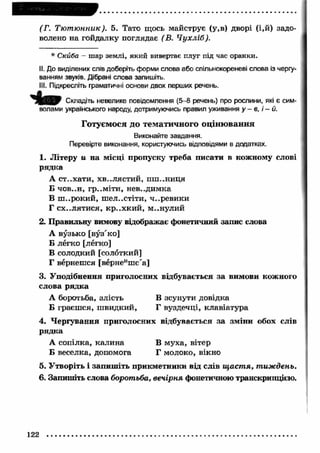 (Г. Тю т ю нник). 5. Тато щось майструє (у,в) дворі (і,й) задо­волено 
на гойдалку поглядає (В. Ч ухліб). 
* Скйба - шар землі, який вивертає плуг під час оранки. 
II. До виділених слів доберіть форми слова або спільнокореневі слова із чергу­ванням 
звуків. Дібрані слова запишіть. 
III. Підкресліть граматичні основи двох перших речень. 
Складіть невелике повідомлення (5-в речень) про рослини, які є сим­волами 
українського народу, дотримуючись правил уживання у - в, і - й. 
Г отуєм ося до тем ати ч н о го о ц ін ю в ан н я 
Виконайте завдання. 
Перевірте виконання, користуючись відповідями в додатках. 
1. Літеру u на місці пропуску треба писати в кожному слові 
рядка 
А ст..хати, хв..лястий, пш ..ниця 
Б Ч О В . . Н , гр..міти, нев..димка 
В ш ..рокий, ш ел..стіти, ч..ревики 
Г СХ..ЛЯТИСЯ, кр..хкий, м..нулий 
2. Правильну вимову відображає фонетичний запис слова 
А вузько [вуз'ко] 
Б легко [легко] 
В солодкий [солоткий] 
Г вернешся [вернеишс'а] 
3. Уподібнення приголосних відбувається за вимови кожного 
слова рядка 
А боротьба, злість В зсунути довідка 
Б граєш ся, ш видкий, Г вуздечці, клавіатура 
4. Ч ергування приголосних відбувається за зміни обох слів 
рядка 
А сопілка, калина В муха, вітер 
Б веселка, допомога Г молоко, вікно 
5. Утворіть і запиш іть прикметники від слів щ аст я, тиждень. 
6. Запишіть слова боротьба, вечірня фонетичною транскрипцією. 
122 
 