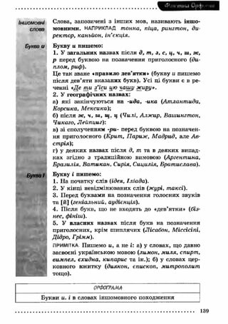 <Р')Л' muiu Орф і ий 
Іншомовні Слова, запозичені з інш их мов, називають іншо- 
слова мовними. НАПРИКЛАД тонна, піца, рингт он, ди­ректор, 
каньйон, ін ’єкція. 
Буква и Букву и пишемо: 
1. У загальних назвах після д, т , з, с, ц, ч, ш, ж, 
р перед буквою на позначення приголосного (ди­плом 
, риф). 
Це так зване «правило дев'ятки» (букву и пишемо 
після дев’яти вказаних букв). Усі ці букви є в ре­ченні 
«Де ти з ’їси цю чашу жиру*. 
2. У географічних назвах: 
а) як і закінчуються на -ида, -ика (А т лант ида, 
Корсика, М ексика); 
б) після ж, ч , ш , щ , if (Ч илі, Алжир, Ваш ингт он, 
Чикаго, Л ейпциг): 
в) зі сполученням -р и - перед буквою на позначен­ня 
приголосного (Крит, Париж, М адрид, але А в­стрія); 
г) у деяких назвах після д, т та в деяких випад­ках 
згідно з тралнлійною вимовою (А ргент ина, 
Б разилія, В ат икан, Сирія, Сицилія, Брат ислава). 
Буква І Букву і пишемо: 
1. На початку слів (ідея, Іліада). 
2. У кінці невідмінюваних слів (журі, таксі). 
3. Перед буквами на позначення голосних звуків 
та [й] (геніальний, аудієнція). 
4. П ісля букв, що не входять до «дев’ятки» (біз­нес, 
фініш). 
5. У власних назвах після букв на позначення 
приголосних, крім ш иплячих (Лісабон, М іссісіпі, 
Дідро, Грімм). 
ПРИМІТКА Пишемо ц, а не і: а) у словах, що давно 
засвоєні українською мовою (лимон, м иля, спирт, 
вим пел, єхидна, кипарис та ін.); б) у словах цер­ковного 
вж итку (диякон, єпископ, мит рополит 
тощо). 
ОРФОГРАМА 
Букви и~ і в словах іншомовного походження 
139 
 
