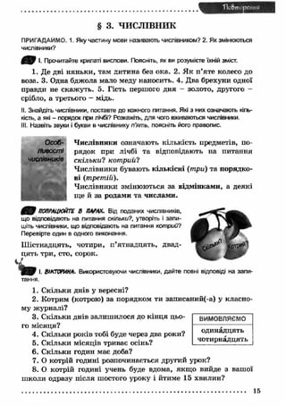 Tlo&rr реиня 
§ 3. ЧИСЛІВНИК 
ПРИГАДАЙМО. 1. Яку частину мови називають числівником? 2. Як змінюються 
числівники? 
І. Прочитайте крилаті вислови. Поясніть, як ви розумієте їхній зміст. 
1. Де дві няньки, там дитина без ока. 2. Я к п ’яте колесо до 
воза. 3. Одна бджола мало меду наносить. 4. Два брехуни одної 
правди не скаж уть. 5. Гість першого дня - золото, другого - 
срібло, а третього — мідь. 
II. Знайдіть числівники, поставте до кожного питання. Які з них означають кіль­кість, 
а які - порядок при лічбі? Розкажіть, для чого вживаються числівники. 
III. Назвіть звуки і букви в числівнику п’ять, поясніть його правопис. 
Числівники означають кількість предметів, по­рядок 
при лічбі та відповідають на питання 
скільки ? кот рий? 
Числівники бувають кількісні (три) та порядко­ві 
(третій). 
Числівники змінюються за відмінками, а деякі 
ще й за родами та числами. 
Особ­ливості 
числівників 
■1Ми 
4 ^ 7 ПОПРАЦЮЙТЕ В ПАРАХ. Від поданих числівників, 
що відповідають на питання скільки?, утворіть і запи­шіть 
числівники, що відповідають на питання котрий? 
Перевірте один в одного виконання. 
Ш істнадцять, чотири, п ’ятнадцять, двад­цять 
т р и ,с т о , сорок. 
І. ВІКТОРИНА. Використовуючи числівники, дайте повні відповіді на запи­тання. 
1. Скільки днів у вересні? 
2. Котрим (котрою) за порядком ти записаний(-а) у класно­му 
журналі? 
3. Скільки днів залиш илося до кінця цьо­го 
ВИМОВЛЯЄМО 
місяця? 
4. Скільки років тобі буде через два роки? 
одинадцять 
5. Скільки місяців триває осінь? 
чотирнадцять 
6. Скільки годин має доба? 
7. О котрій годині розпочинається другий урок? 
8. О котрій годині учень буде вдома, якщ о вийде з вашої 
школи одразу після шостого уроку і йтиме 15 хвилин? 
15 
 