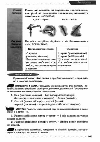Ознаки 
омонімів 
Омонімія 
і багато­значність 
Слова, які однакові за звучанням і написанням, 
але різні за лексичним значенням, називають 
омонімами. НАПРИКЛАД: 
кран - кран коса - коса 
Омоніми потрібно відрізняти від багатозначних 
слів. ПОРІВНЯЙМО: 
Багатозначне слово Омоніми 
S крило 
(пт аха, літ а ка ) 
Лексичні значення цьо­го 
слова пов’язані між 
собою, випливають одне 
з одного 
S кран (ум ивальника) 
•S кран ( підйом ний) 
Ц і слова не пов’язані 
між собою лексичним 
значенням 
При омонімії маємо різні слова, а при багатозначності - одне сло­во 
з кількома значеннями. 
ПОПРАЦЮЙТЕ В ПАРАХ. Розподіліть між собою групи слів. Складіть і за­пишіть 
речення з омонімами своєї групи, уникаючи двозначності. Про результа­ти 
виконання завдання розкажіть один одному 
1. Бал (ш кільна оцінка) - бал (вечір відпочинку)-, 
балка (яр з пологими схилам и) - балка (колода). 
2. Лютий (назва місяця) - лютий (злий)', 
череда (рослина) - череда (гурт свійських тварин). 
ЧОМУ ТАК? Поясніть, чому в першій парі речень виділені слова є омоні­мами, 
а в другій - ні. 
1. Раптом здійнявся вихор у степу. - З-під ш апки виглядав 
вихор волосся. 
2. Раптом здійнявся вихор у степу. - Вихор війни пронісся 
по країні. 
І. Прочитайте каламбури, побудовані на омонімії. Доведіть, що одно­звучні 
в кожному з них слова - омоніми 
165 
 