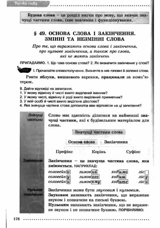 Будова слова - це розділ науки про мову, що вивчає зна­чущ 
і частини слова, їхнє значення і функціонування. 
§ 49. ОСНОВА СЛОВА І ЗАКІН ЧЕН Н Я. 
ЗМІННІ ТА НЕЗМІННІ СЛОВА 
Про те, що виражають основа слова і закінчення, 
про нульове закінчення, а також про слова, 
які не мають закінчень 
ПРИГАДАЙМО. 1. Що таке основа слова? 2. Як визначити закінчення у слові? 
І. Прочитайте словосполучення. Визначте в них головні й залежні слова 
Рвати яблука, вишневого варення, працю вали за комп’ю­тером. 
II. Дайте відповіді на запитання. 
1. У якому відмінку й числі вжито виділений іменник? 
2. У якому числі, відмінку й роді вжито виділений прикметник? 
3. У якій особі й числі вжито виділене дієслово? 
4. Яка значуща частина слова допомогла вам відповісти на ці запитання? 
Значущі 
частини 
Закінчення 
Нульове 
закінчення 
Слово має здатність ділитися на найменші зна­чущі 
частини, які є будівельним матеріалом для 
слова. 
Значущ і частини слова 
Основа слова Закінчення 
_ rz _ _ _ Г і 
Префікс Корінь Суфікс 
Закінчення — це значущ а частина слова, яка 
змінюється. НАПРИКЛАД: 
соловейко] зим овий ходимо л ісЦ 
соловейкЩ] зимовїого1 ходиш лісу 
соловейкЩ зимов[ому ходите лісй] 
Закінчення може бути звуковим і нульовим. 
Звуковим називають закінчення, що виражене 
звуком і позначене на письмі буквою. 
Нульовим називають закінчення, що не вираж е­не 
звуком і не позначене буквою. ПОРІВНЯЙМО: 
176 
 