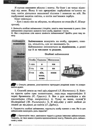 Я кусаю соковите яблуко і мовчу. Та Олег і не чекає відпо­віді 
від мене. Йому й так зрозуміло: гарбузйння сп’ялося на 
тин, потім дісталося нахиленої гілляки і повисло на ній. На 
гарбузинні зацвіла квітка, а потім зав’язався гарбуз. 
Олег сміється: 
- Хоч і виліз він на яблуню, та яблуком не став (За Є. ІІІмор- 
гуном). 
II. Випишіть особові займенники і з’ясуйте, замість яких іменників їх ужито. Біля 
займенників скорочено зазначте їхню особу, відмінок і число. 
III. Яке з виділених слів можна замінити займенником? Зробіть усно таку за­міну. 
Особливості Займенники вказують на особу, предмет, озна- 
займенників ку, кількість, але не називають їх. 
Займенники змінюються за відмінками, а деякі 
ще й за числами та родами. 
Особові 
займенники 
Особові займенники 
І. Спишіть речення, розставляючи пропущені розділові знаки та розкри­ваючи 
дужки. 
1. Спасибі земле за твої щ(е,и)дроти! (Л. Кост енко). 2. К віт­ка 
просто цвіте грає пелюстками, ледь-ледь ворушат(ь)ся її 
чорні бровенята (Є. Гуцало). 3. Все з рук валит(ь)ся а він 
хвалит(ь)ся (Н ар. творчість). 4. Тужу за вами, солов(’)ї 
(В,в)країни! (М . Р ильський). 5. Я ж(е,и)ву у світі любові до 
людей до з(е,и)млі до квітів (Г. Д уд к а ). 
II. Підкресліть особові займенники, надпишіть особу кожного з них. Які із цих 
займенників виконують роль підметів? 
І. Прочитайте текст, замінюючи подані в дужках іменники займенниками. 
Поясніть, як така заміна сприяла вдосконаленню тексту. Поясніть роль займен­ників 
у мові. 
Особа Однина Множина 
1-ша я ми 
2-га ти ви 
3-тя він, 
вона, 
воно 
вони 
18 
 