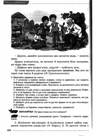 - Дідусю, давайте допоможемо вам витягти води, - кажуть 
вони. 
Дідусь усміхається, не встигне й відпочити біля колодязя, 
як відро вже повне. 
- Доброго вам здоров’ячка, дідусю! - щебечуть діти. 
Ц і слова звучать для діда прекрасною музикою. Від них на 
серці стає тепло й радісно ( В. С ухом линськии). 
II. Виконайте завдання до тексту. 
1. У реченнях з прямою мовою знайдіть слова із суфіксами, що надають 
мовленню емоційного забарвлення й виразності. 
2. Знайдіть спільнокореневі слова Простежте, чи допомагають вони зв’язати 
речення в тексті. 
3. Випишіть по два слова з нульовим закінченням та без закінчення. Розбе­ріть 
їх за будовою. Які із цих слів називаємо незмінними? 
4. Знайдіть три слова, у складі яких є префікс. Назвіть префікси. 
5. Випишіть форми слова колодязь. Позначте закінчення і визначте, які гра­матичні 
значення вони виражають. 
6. Доберіть усно до виділених слів по дві їхні форми та по два спільнокоре­неві 
слова. 
7. Розберіть за будовою слова дзвінок, шкільний, прекрасний, 
п ост ш й т я Які ваші плани на літні канікули? 
І. Спишіть речення, розкриваючи дужки. Підкресліть і поясніть орфо­грами. 
1. (3,с)тихне м(е,и)лодія, й (з,с)хлипне поволі срібна хма­ринка 
перлистим дощ(е,о)м (3. М ороз). 2. Та раптом пісня з 
202 
 